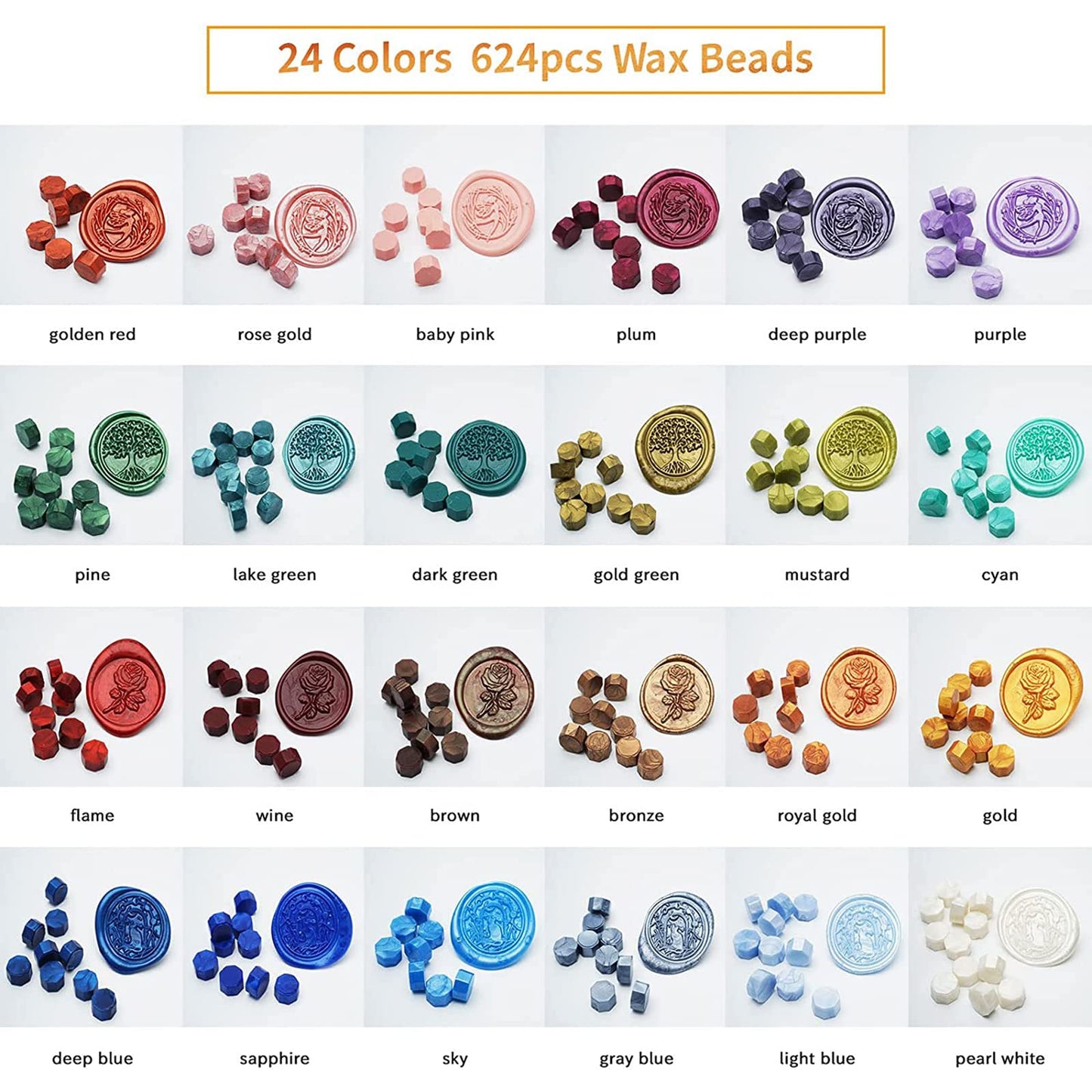 Comealltime Wax Seal Kit with Gift Box, 624 Pcs 24 Colors Sealing Beads, 2 Pcs Stamps, Sealing Wax Warmer, Metallic Pen, Envelope, Candles for Wedding Birthday Gift and DIY Craft, Sellado de Cera