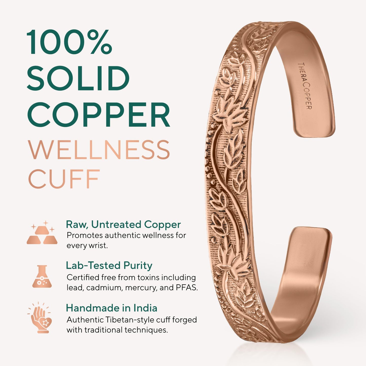 TheraCopper Copper Bracelet for Women — 100% Pure Copper Jewelry for Women — Raw, Solid & Uncoated Authentic Handmade Tibetan Bracelet Cuff Bangles Or Bangle Bracelets (Floral)