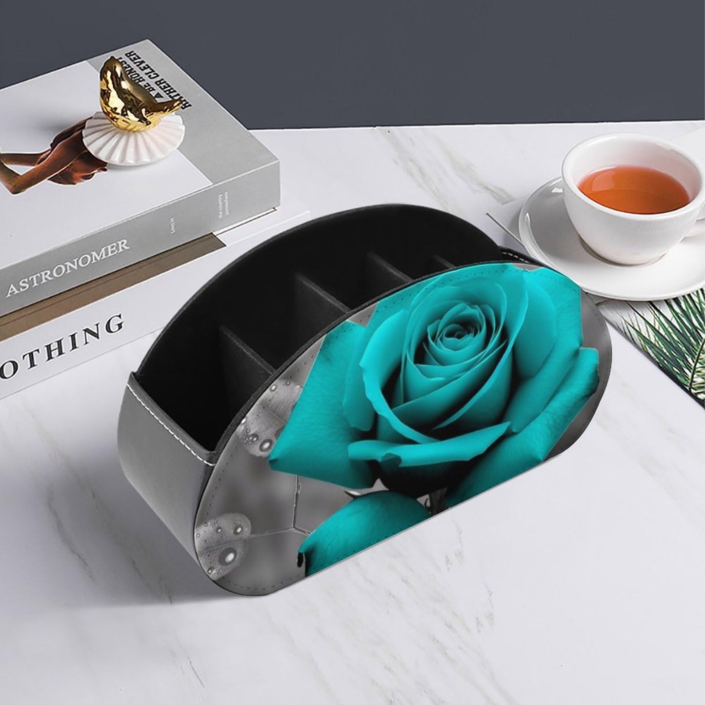 POTSCBVW Teal Grey Rose Remote Control Storage Box with 5 Compartments Leather Remote Control Organizer Box for End Table Stylish TV Accessory Holder for Living Room Bedroom Office