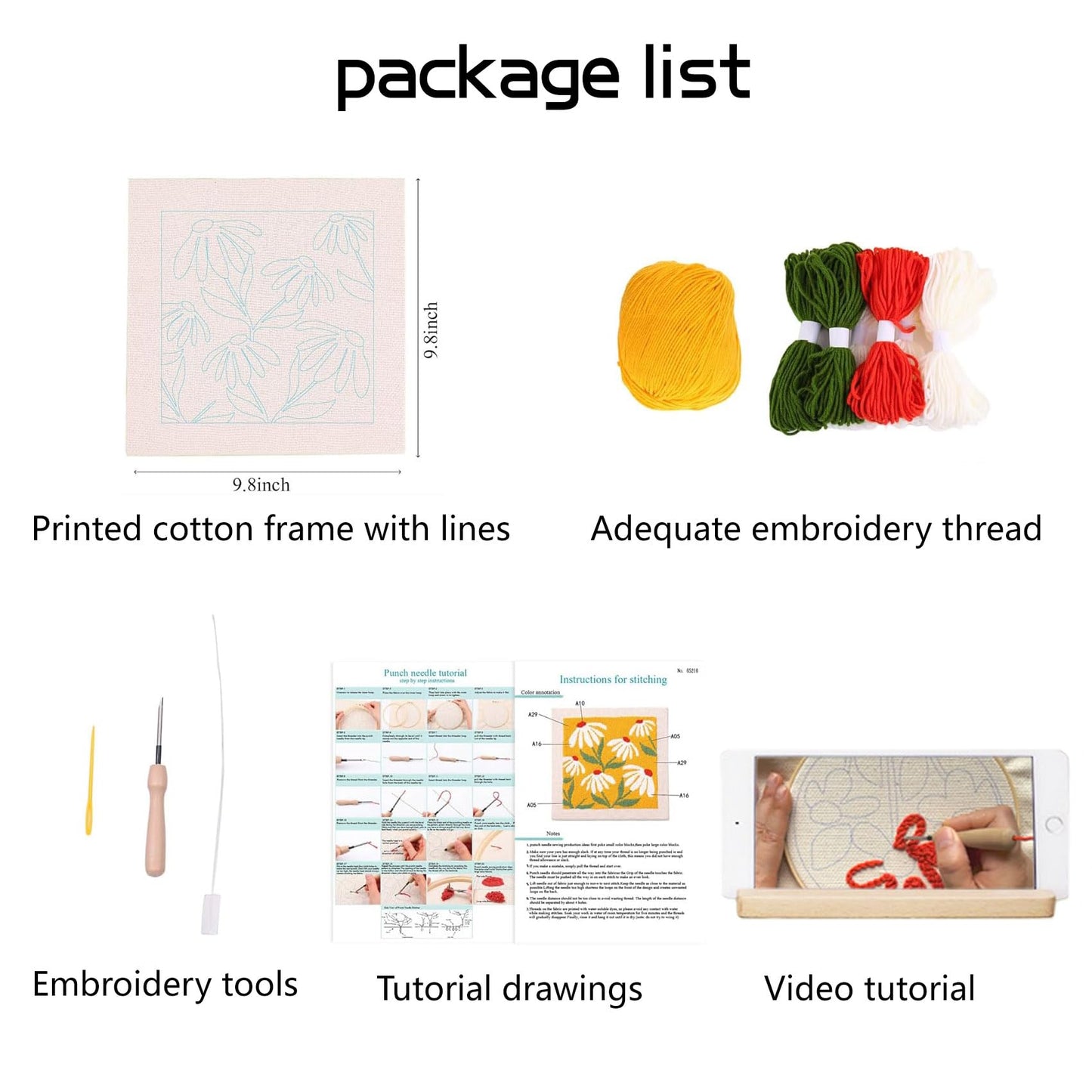 LB Orange Floral Punch Needle Kit Frame, Punch Needle Kits Adults Beginner Hand Embroidery Starter Kit with Flower Pattern and Instructions Punch Needle Embroidery Kit Include Embroidery Hoop Threads