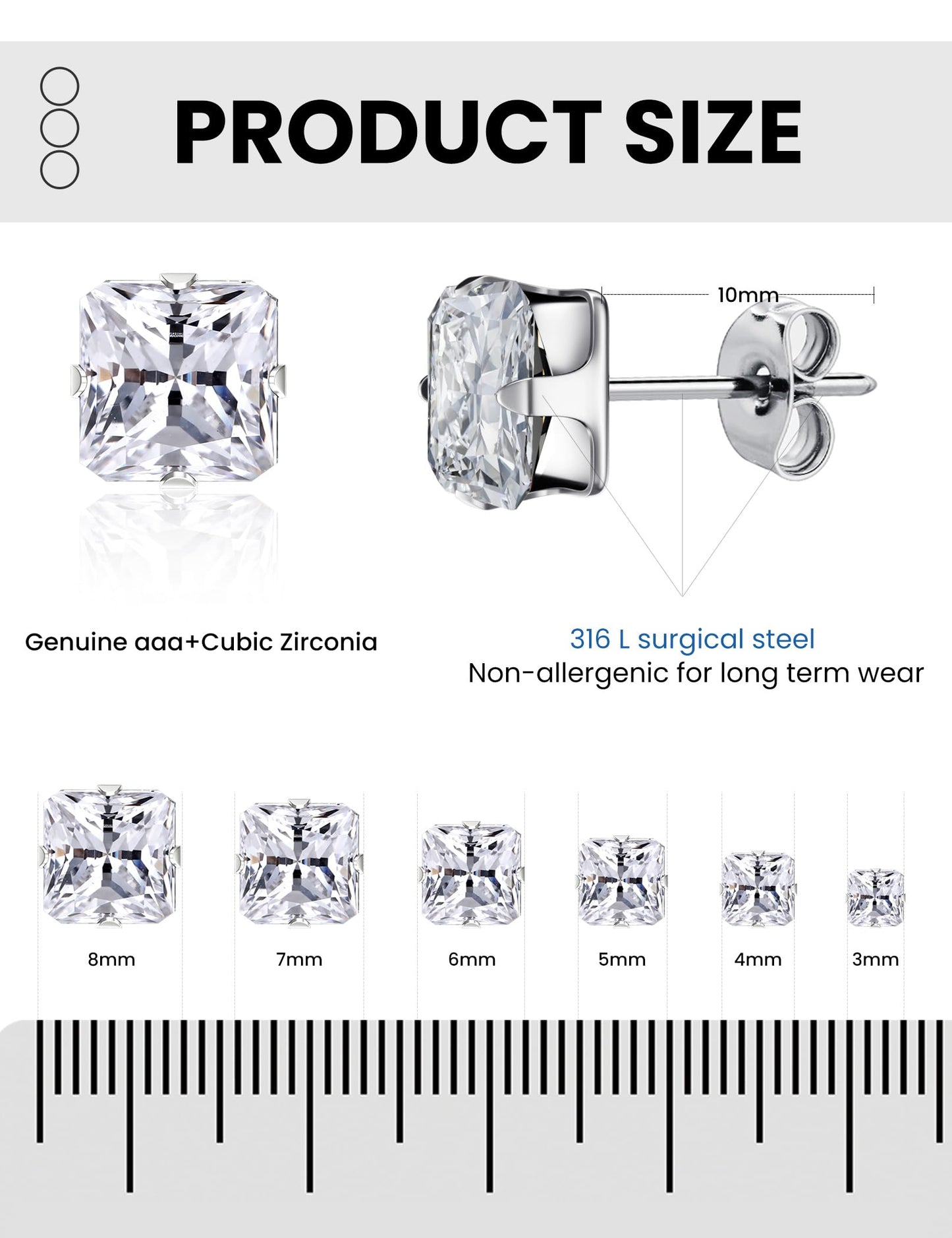 12 Pairs Silver Earrings - Surgical Steel & Zinc Earrings Set - Hypoallergenic Cubic Zirconia Studs - Women's & Men's - 3mm-8mm