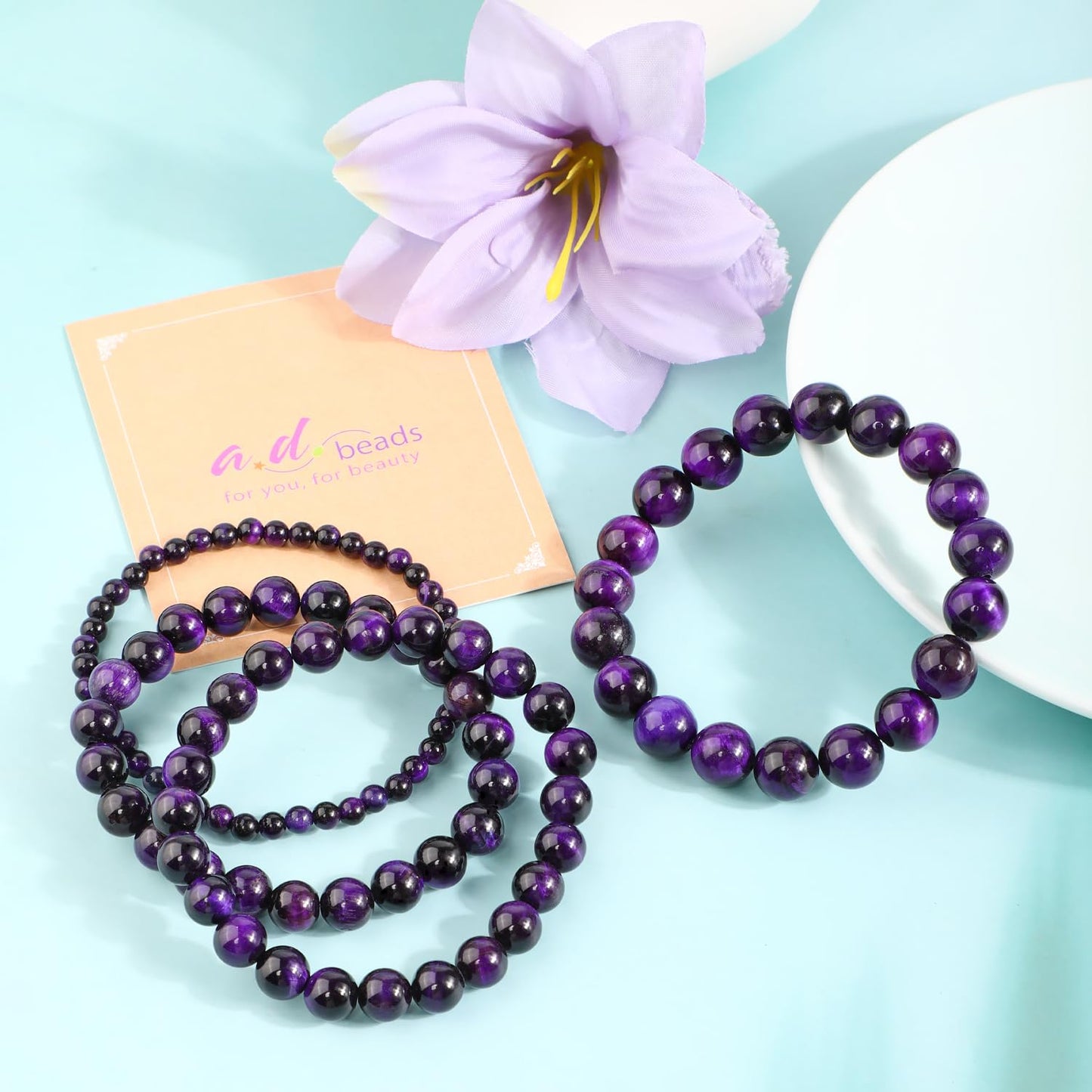 AD Beads 4mm Handmade Purple Tiger Eye Elastic Bracelet – Natural Gemstone for Peace and Tranquility – Meditation, Yoga, Healing and Energy Gift for Men Women