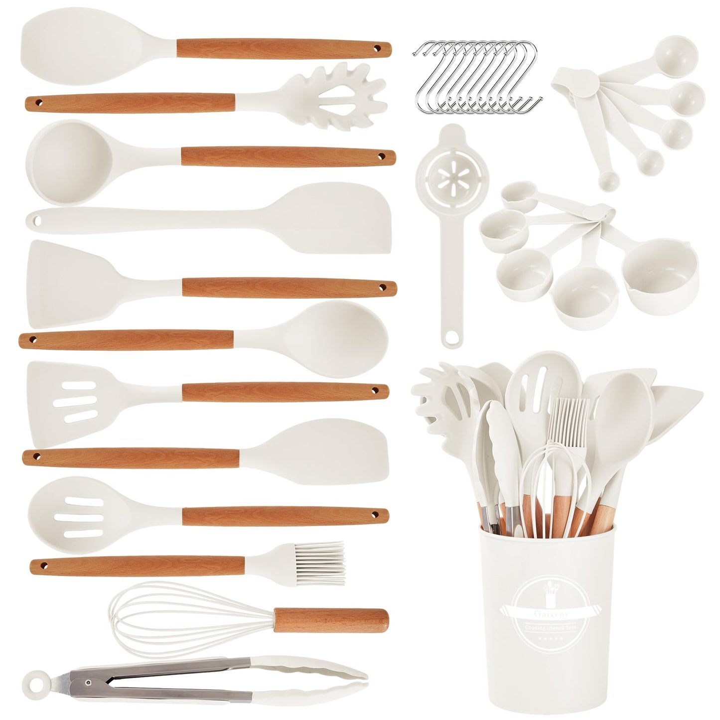 Gaixvny Kitchen Utensils Set - 34 PCS Non-Stick Silicone Cooking Utensils Set Spatula Set with Holder, Wooden Handle Spoon,Brush,Whisk Kitchen Gadgets Tools Set for Nonstick Cookware (Cream White-34P)