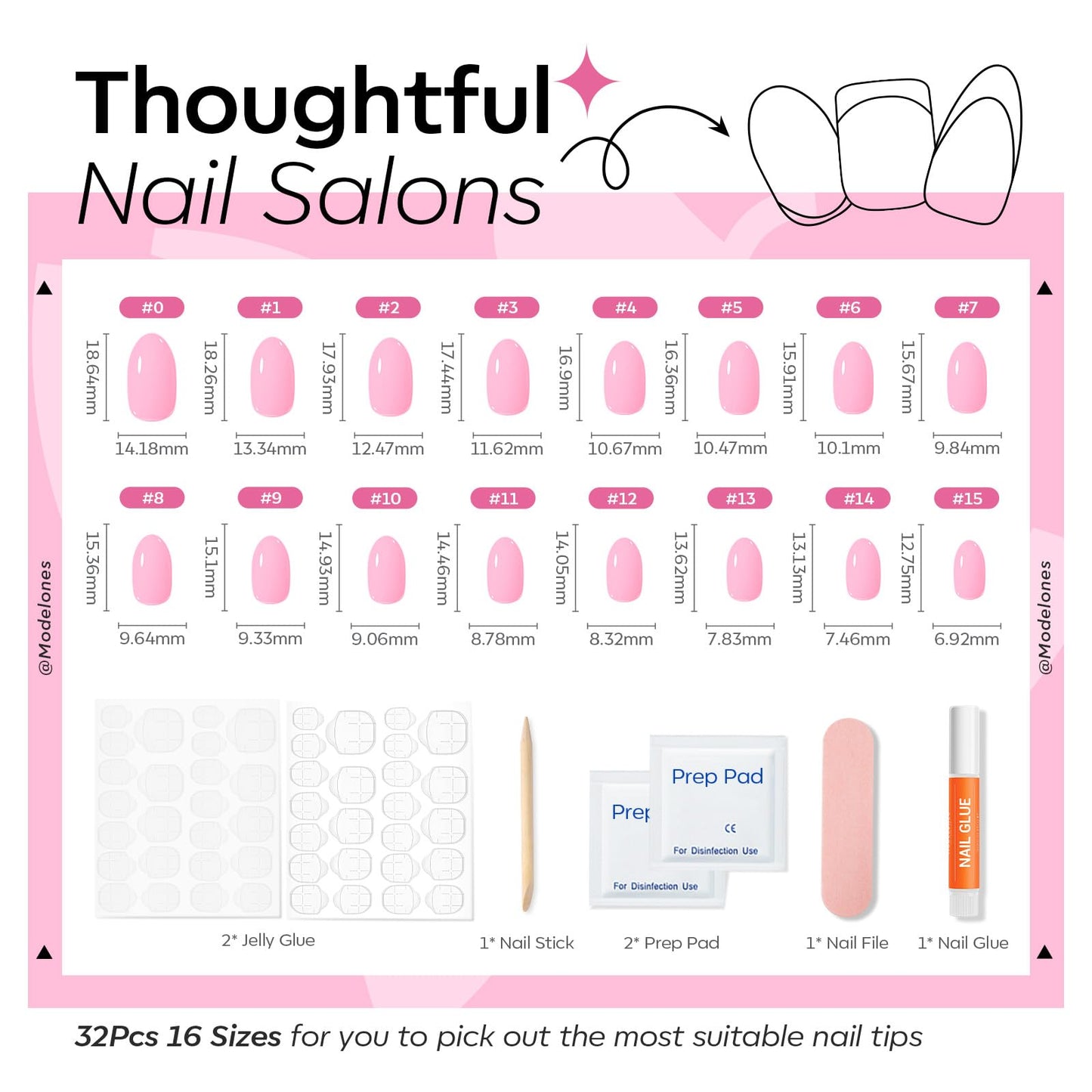 modelones Sakura Pink Short Press on Nails, Oval Fake Nails Kit Press Ons with Nail Glue, Adhesive Tabs, Nail File, Prep Pad, Manicure Stick, 32Pcs 16 Sizes, Spring Summer Women Girl Gift