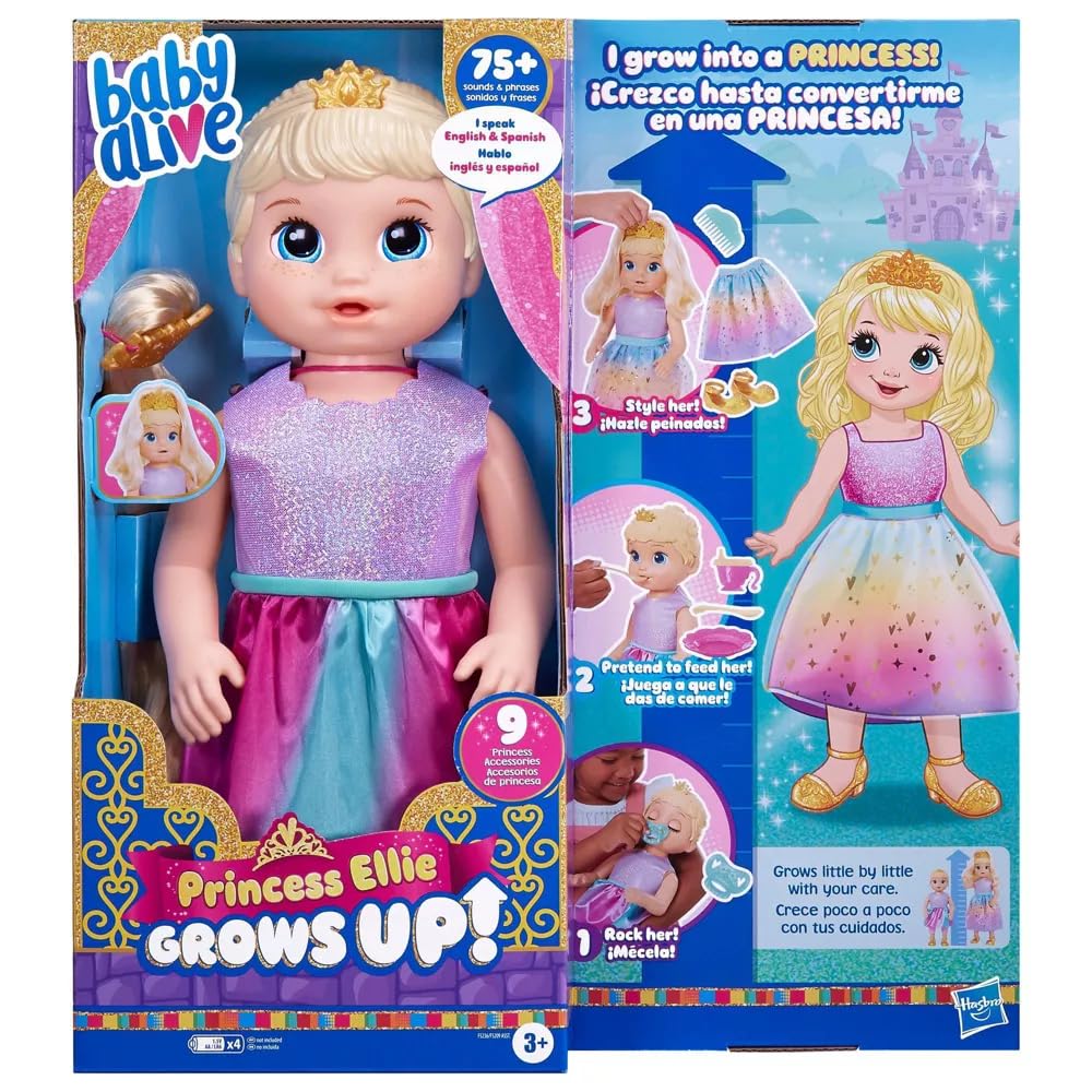 Baby Alive Princess Ellie Grows Up! Interactive Doll with Accessories, Toys for 3+ Years, 18-Inch