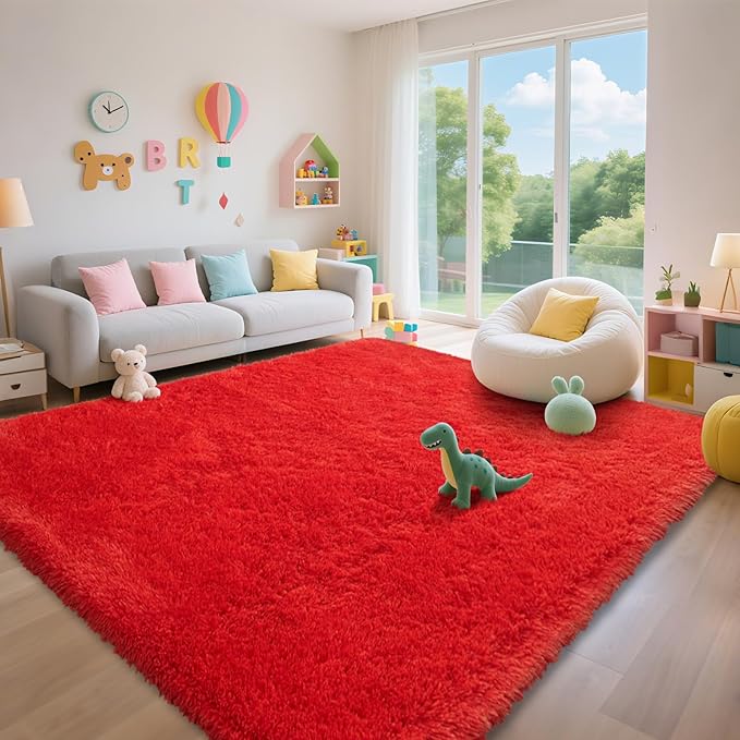 Red Shag Area Rugs for Bedroom Living Room,Ultra Soft Fluffy Christmas Area Rugs 6X9 for Dorm, Indoor Carpet Nursery Rugs for Kids Girl Room Home Decor, Red