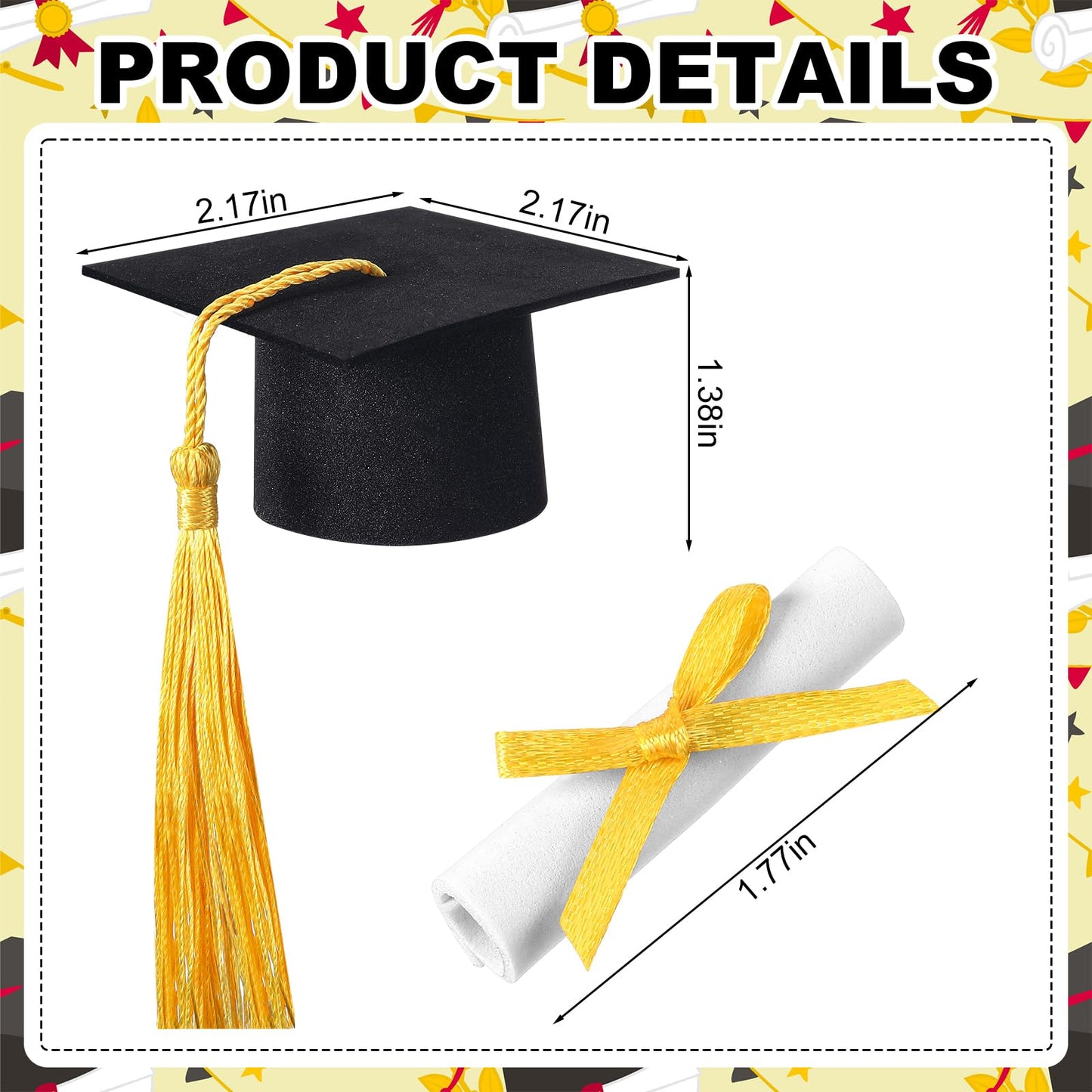 Funtery 36 Pcs Mini Graduation Hats Cupcake Toppers Graduation Scroll Decorations Black Grad Caps with Yellow Tassels Cupcake Toppers Bottle Decor for Graduate Party Supplies