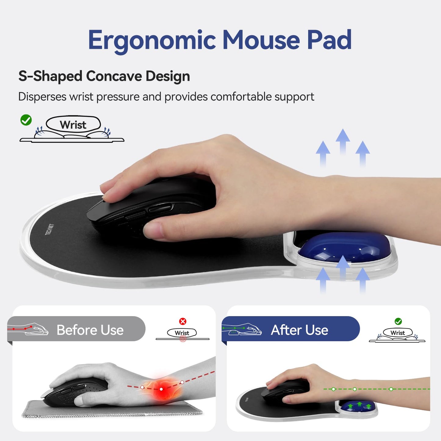 TECKNET Gel Mouse Pad with Wrist Rest, Ergonomic Mouse Pad with Gel Wrist Support for Relieve Wrist Pain Comfortably - Non-Slip Base & Waterproof Surface for Office & Home - Black