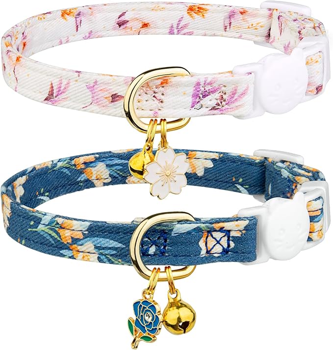 2 Pack Cotton Cat Collar Beige and Green Flowers Cute Kitten Cat Collar
