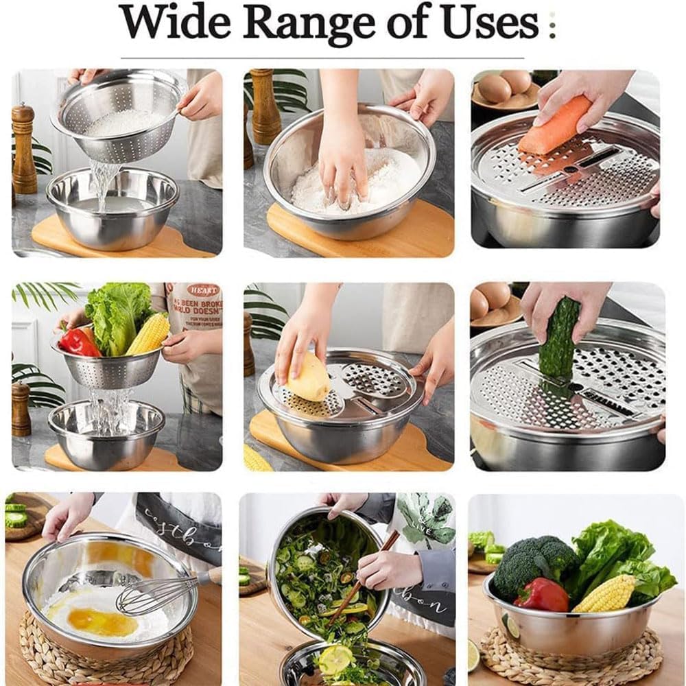 Germany Multifunctional Stainless Steel Basin,Multifunction Stainless Steel Basin with Grater 3 in 1 Vegetable Cutter for Kitchen, Vegetable Slicer Grater Strainer and Drain Basket(10.2)