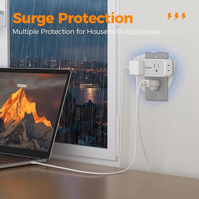 Surge Protector Outlet Extender, TESSAN Multi Plug Splitter with 4 Electrical Outlets 3 USB Ports(1 USB C), Multiple Plug Mini Wall Expander for Home Bathroom Office Dorm Room Essentials