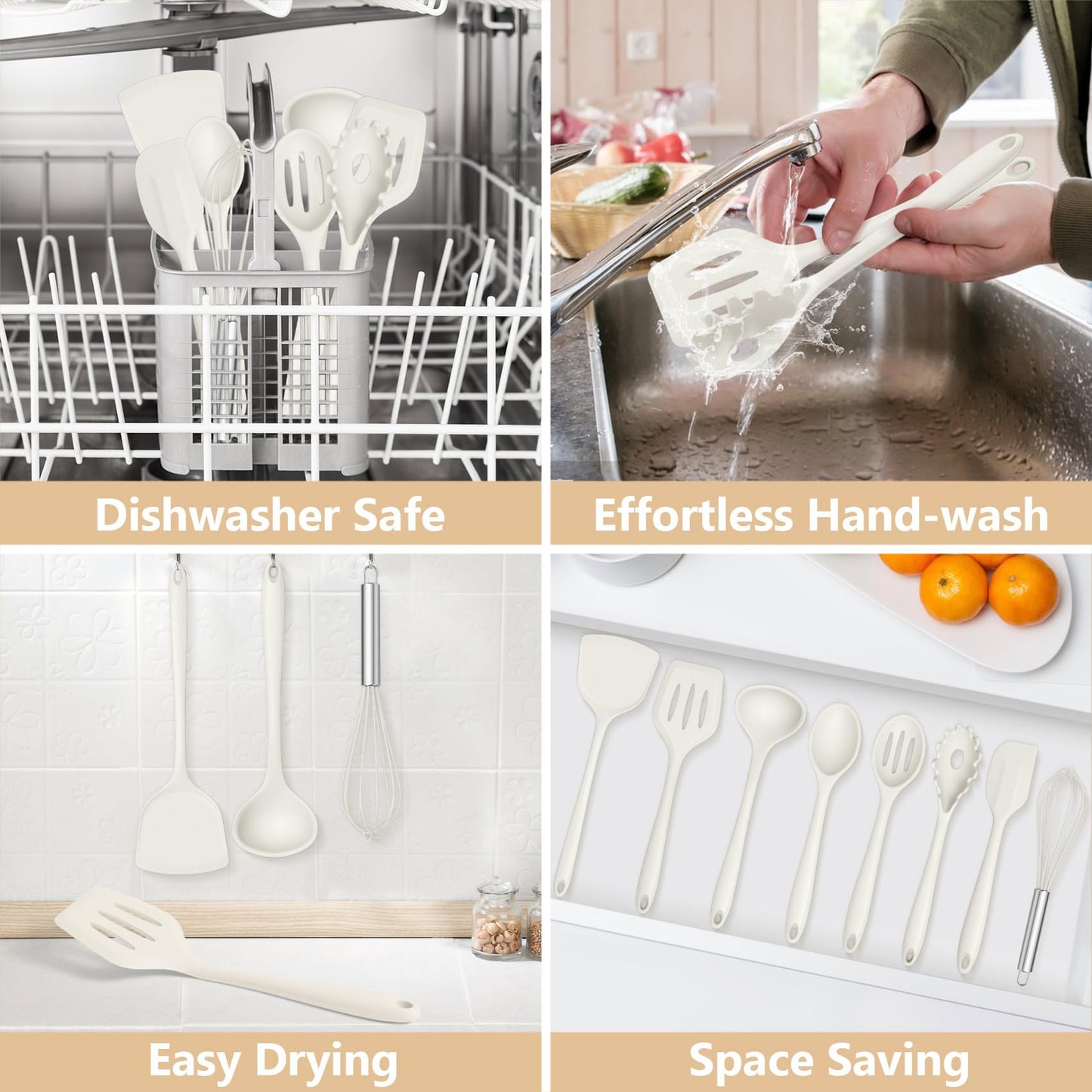 TeamFar 8 PCS Silicone Cooking Utensils - 446°F Heat Resistant Kitchen Silicon Utensils Set, Turner, Spatula, Spoon, Whisk, Kitchen Cooking Gadgets Tools for Nonstick Cookware, Dishwasher Safe-White