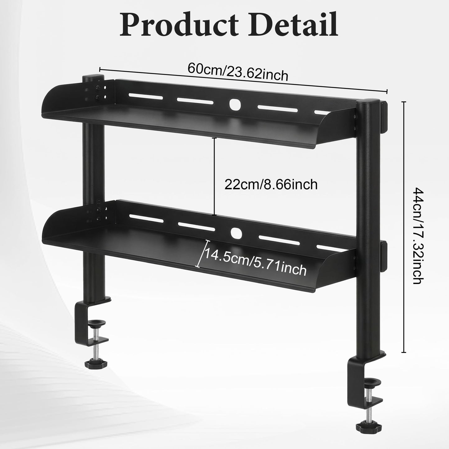 MLLNFUE 24-Inch Clamp On Desktop Shelf, 2-Tier Office Desk Organizer, Extended Compact Desk Shelf for Home Workspace, Study Room, and Gaming Accessories Storage