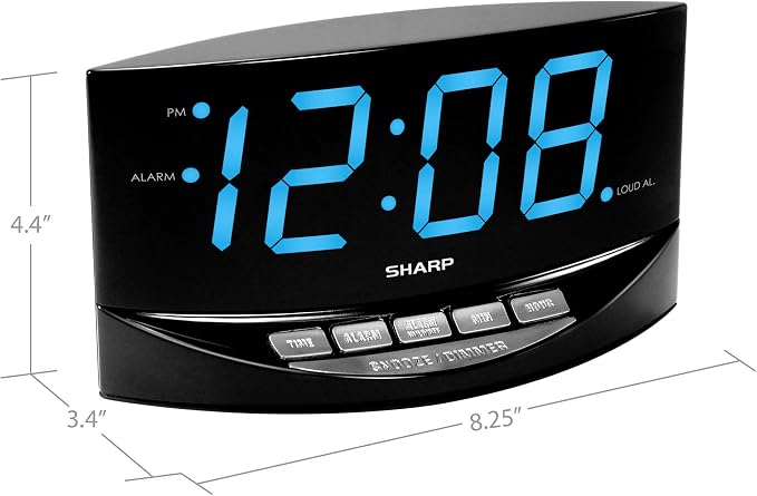 Sharp Digital Alarm Clock, 2" Jumbo Blue LED Display, High/Low Volume | 2-step dimmer, easy-set controls, snooze, battery backup, across-room viewing, bedroom, nightstand, office, seniors, elderly
