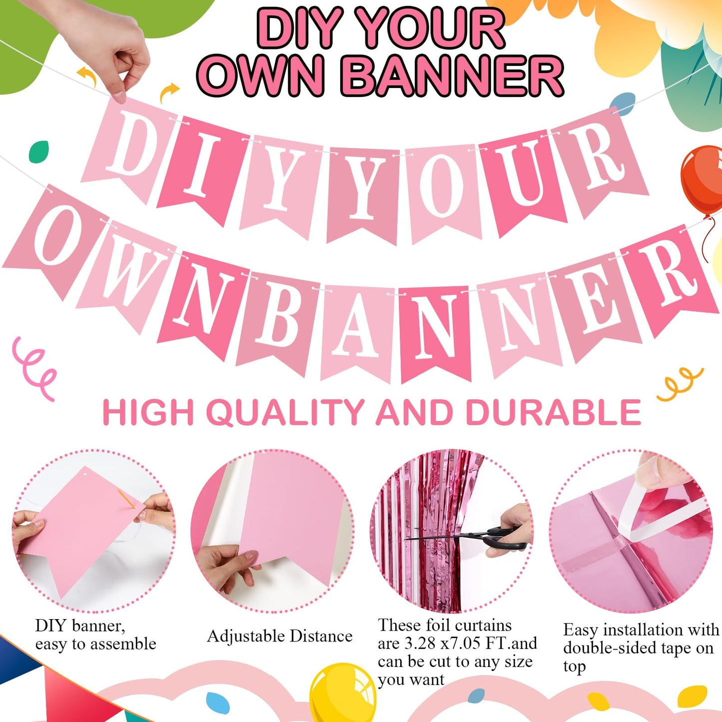 Mooliwe 173 Pcs DIY Custom Banner Kit Make Your Own Custom Letter Banner Sign for Birthday Wedding Decor Include 20 Paper Pennant 148 Letters Numbers with Fringe Curtain Rope Threading Device (Pink)