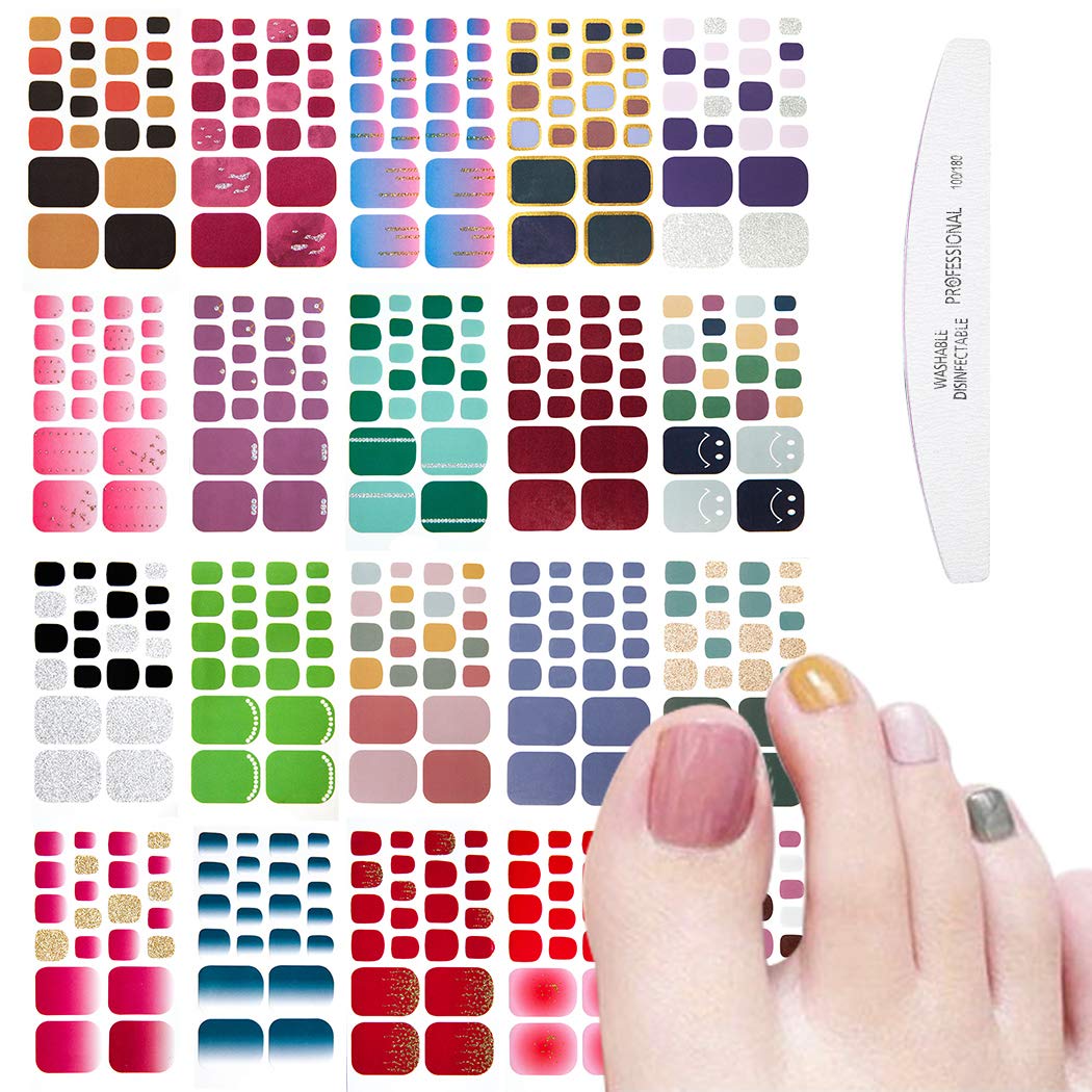 WOKOTO 20 Sheets Solid Toe Nail Polish Strips Stickers and 1 Nail File Manicure Kit 22 Tips Per Sheet Gradient Toenail Polish Wraps Decals for Women Girls Nail Art