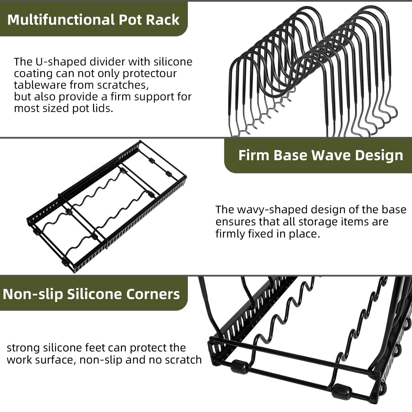 ROOHUA Pot Rack -Expandable Pan Organizer for Cabinet, Lid Holder with 10 Adjustable Compartment for Kitchen Cabinet Cookware Baking Frying Rack