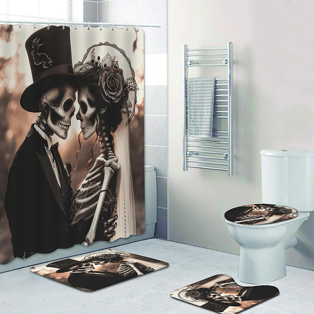 NEWSUYAA Halloween Decorations Shower Curtain Set with Non-Slip Rugs and Bath Mats,Black Skull Skeleton Bathtub Curtains with 12 Hooks,All Saints'Day (Nov 1st) Bathroom Decor