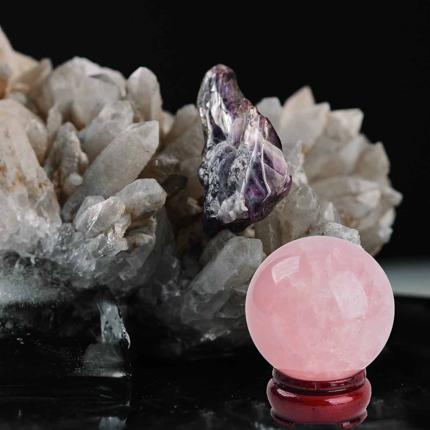 JIC Gem Natural Pink Rose Quartz Ball Sphere with Base,Class 1，5-6cm