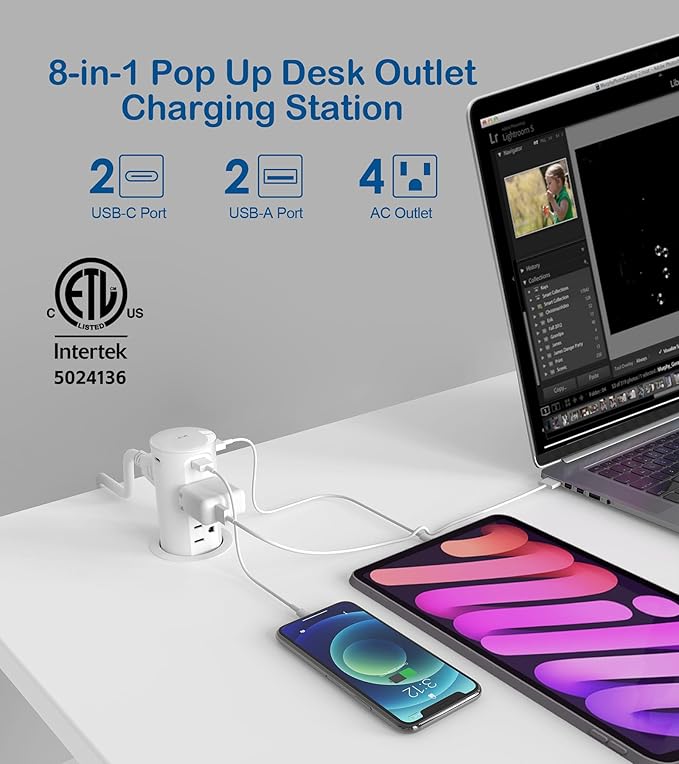 2.5 inch Hole Pop up Outlet for Countertop,20W USB C,4 USB Ports,4 Outlets 15Amp Tamper Resistant Receptacle Flush Mount,Space Saver Recessed Outlet,1875W,ETL Listed