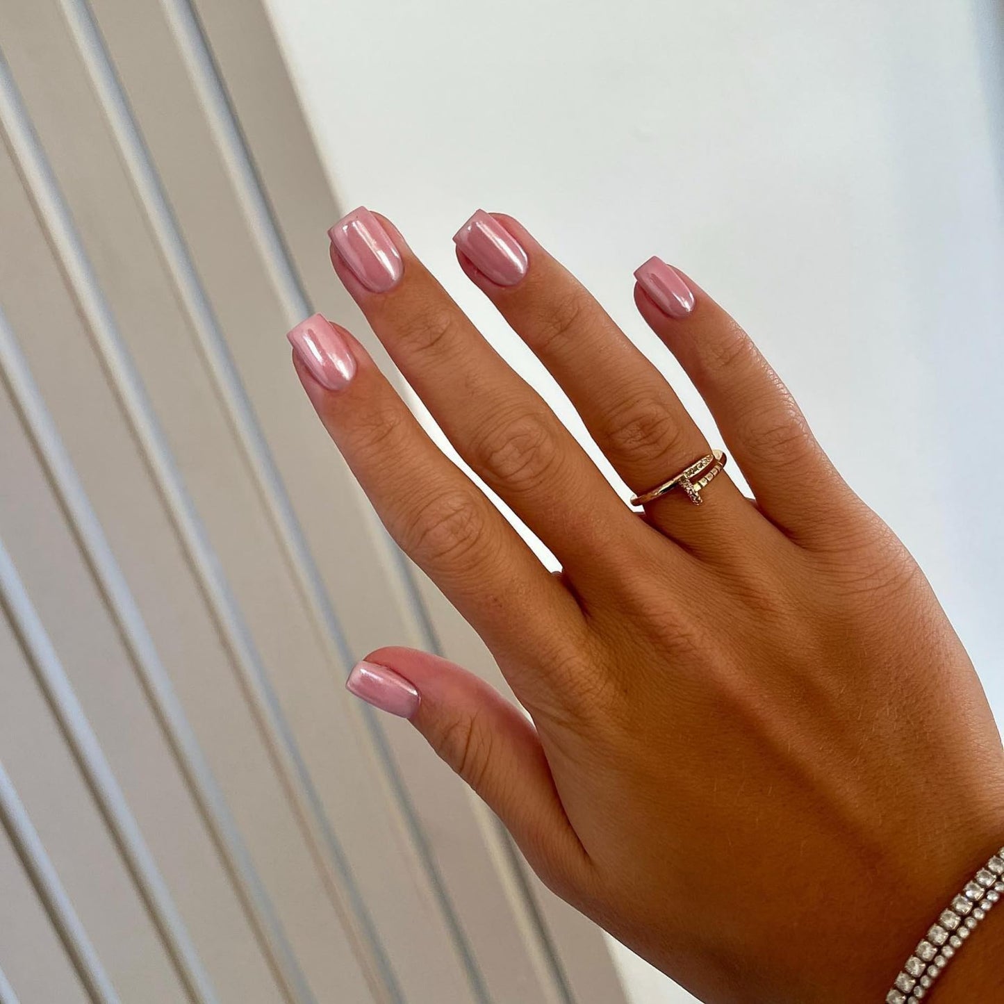 Chrome Pink Square Press on Nails Short,KQueenest Mirror Metal Plating False Acrylic Nails Press Ons,Natural Fit Glue on Nails Short Coffin,UV Cover Glossy Petite Stick on Nails for Women in 24 PCS