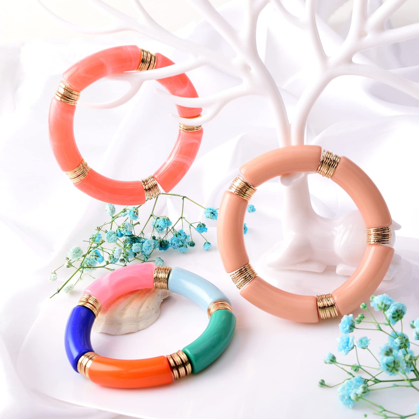 GOOJIDS Simple Beaded Gold Plated Bangles Bracelet Chunky Bamboo Tube Curved Stacking Clear Acrylic Colorful Beads Stretchable Gold Plated Bracelets Set For Women
