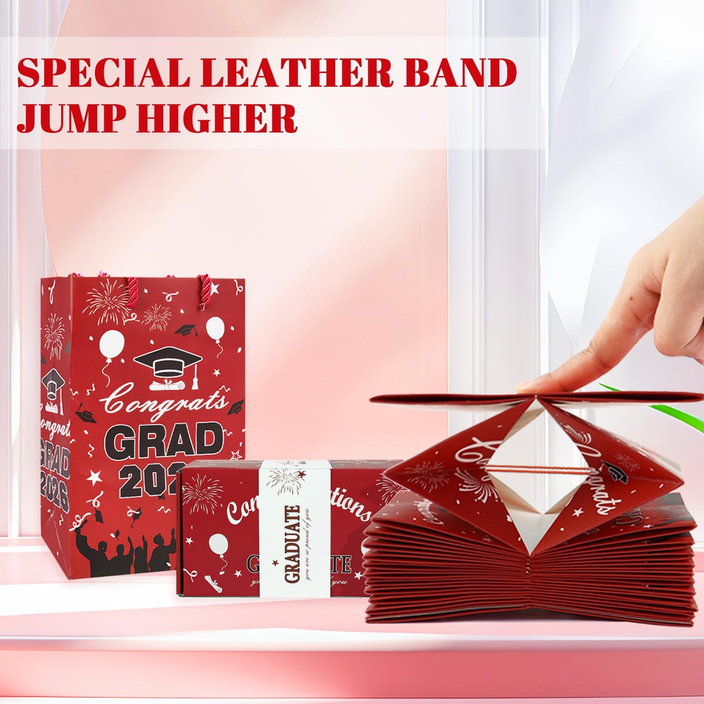 Surprise Gift Box Explosion for Money, Unique Folding Bouncing Red Envelope Gift Box with Confetti, Cash Explosion Luxury for Birthday Anniversary Valentine Proposal (15 Bounces) (Graduation - Red)