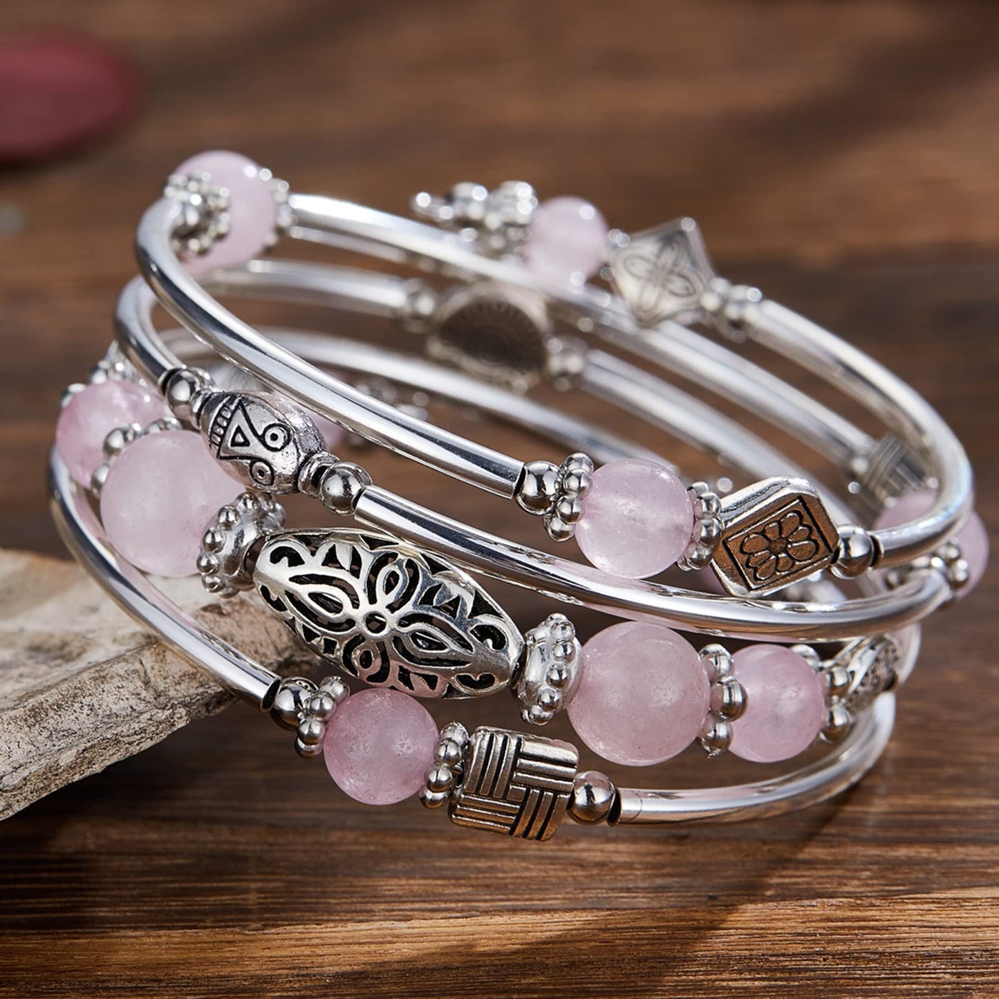 BULINLIN Layered Wrap Bangle Turquoise Bracelet - Bead Bracelet with Natural Agate Stone, Gifts For Women (03-Pink)