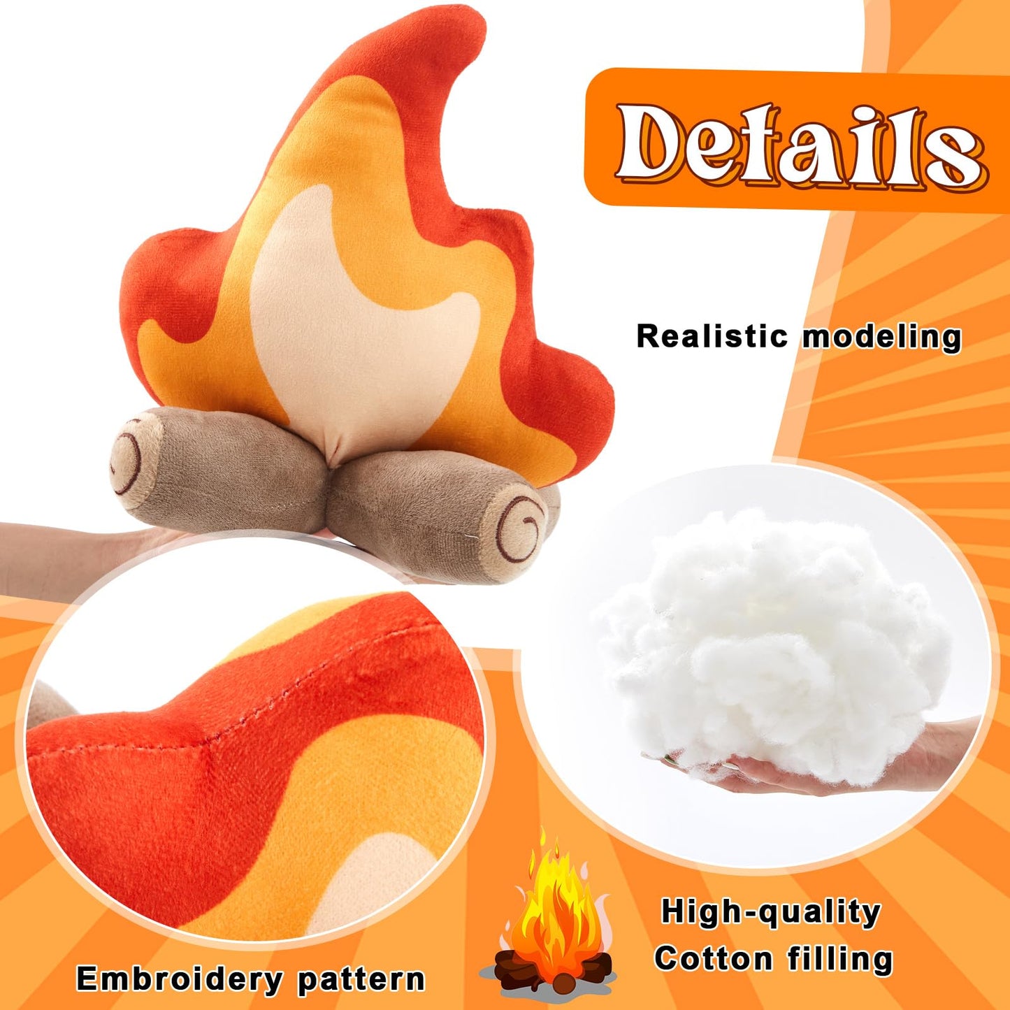 PullCrease 4 Pack Campfire Plush Toys Fake Fire Firewood Plush Pillow for Camping S'More Birthday Party Scene Setting Room Decoration and Woodland Forest Nursery Classroom Decor