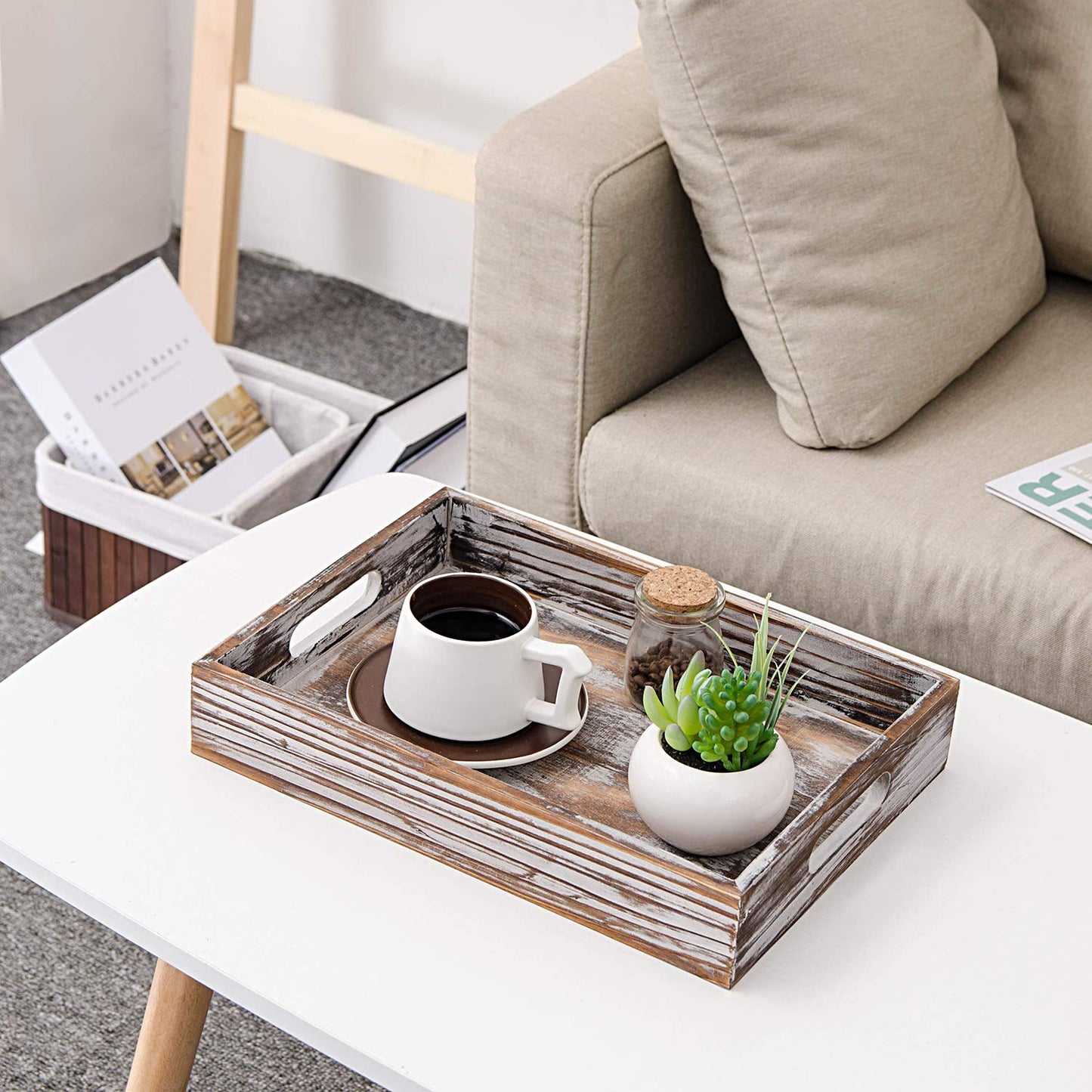 ExoLiry Rustic Whitewashed Wood Food Serving Tray Cutout Carrying Handles Breakfast in Bed Coffee Platter Table Wine Brown Rectangular Nesting Crate Desktop Document Holder Office Home Kitchen