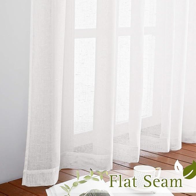 NICETOWN White Linen Sheer Curtains 63 inch Length, Vintage Grommet Linen Textured Semitransparent Privacy Window Treatment Light Filtering for Living Room, 52" W x 63" L, Set of 2