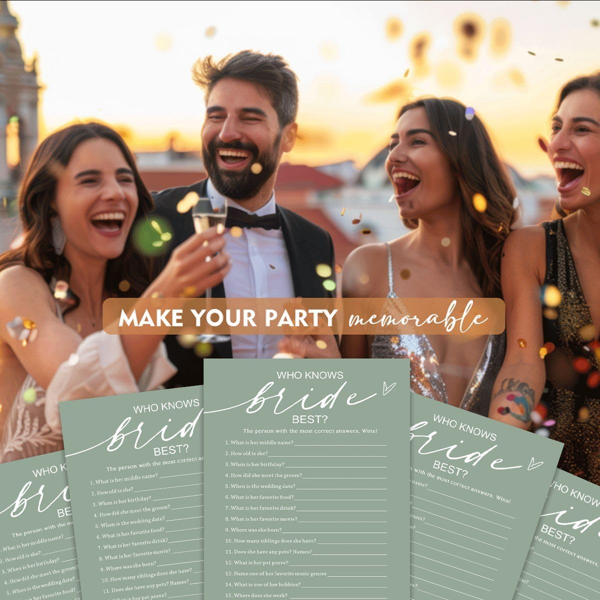 Bridal Shower Games Cards, Who Knows The Bride Best, Bridal Shower Game 25 Guests, Engagement Party Wedding Games for Guests, Minimalist Green Wedding Party Supplies - C03