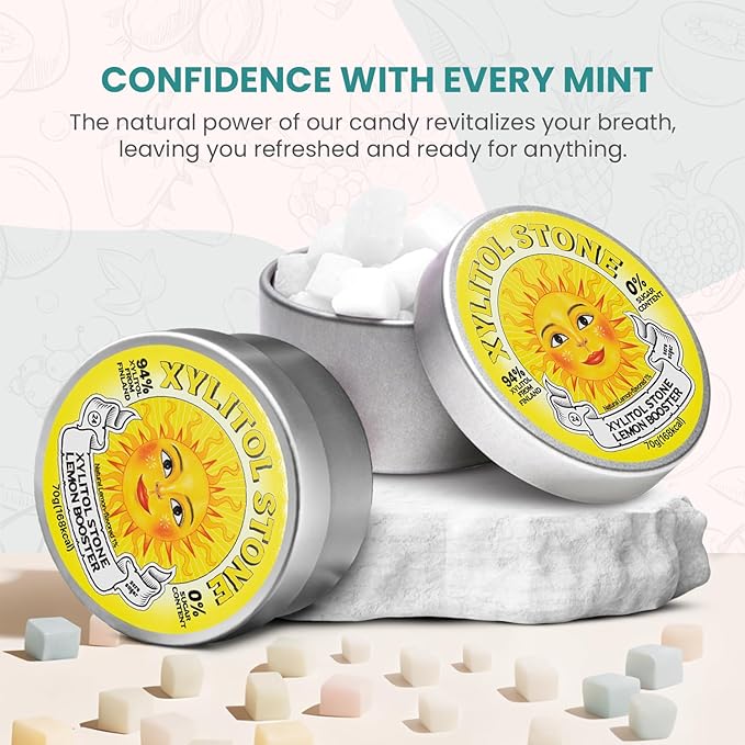 Xylitol Stone Sugar Free Candy - Vegan & Keto Friendly Unique Hard Candy Sugar-Free - 100% Natural Flavor Candies - Gluten Free & Non-GMO Breath Freshener Low Calorie Mints- Lemon Booster (Pack of 2)