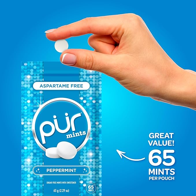 PUR Mints | Aspartame Free Breath Mints | Made with Xylitol | Sugar Free, Vegan, Gluten Free | Natural Peppermint Flavor | 65 Pieces in Re-Sealable pouch (Pack of 3)