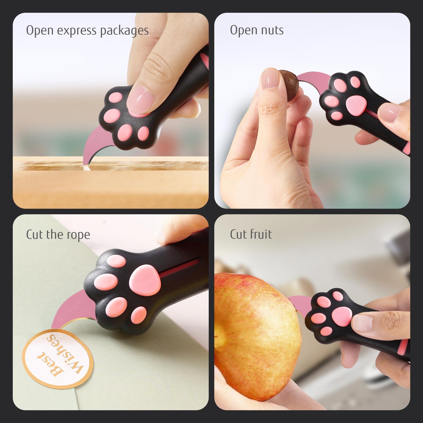 MEOWKIT Cat Paw Box Cutter Retractable with Cat Paw Handle, Multifunctional Knife Set (Black)