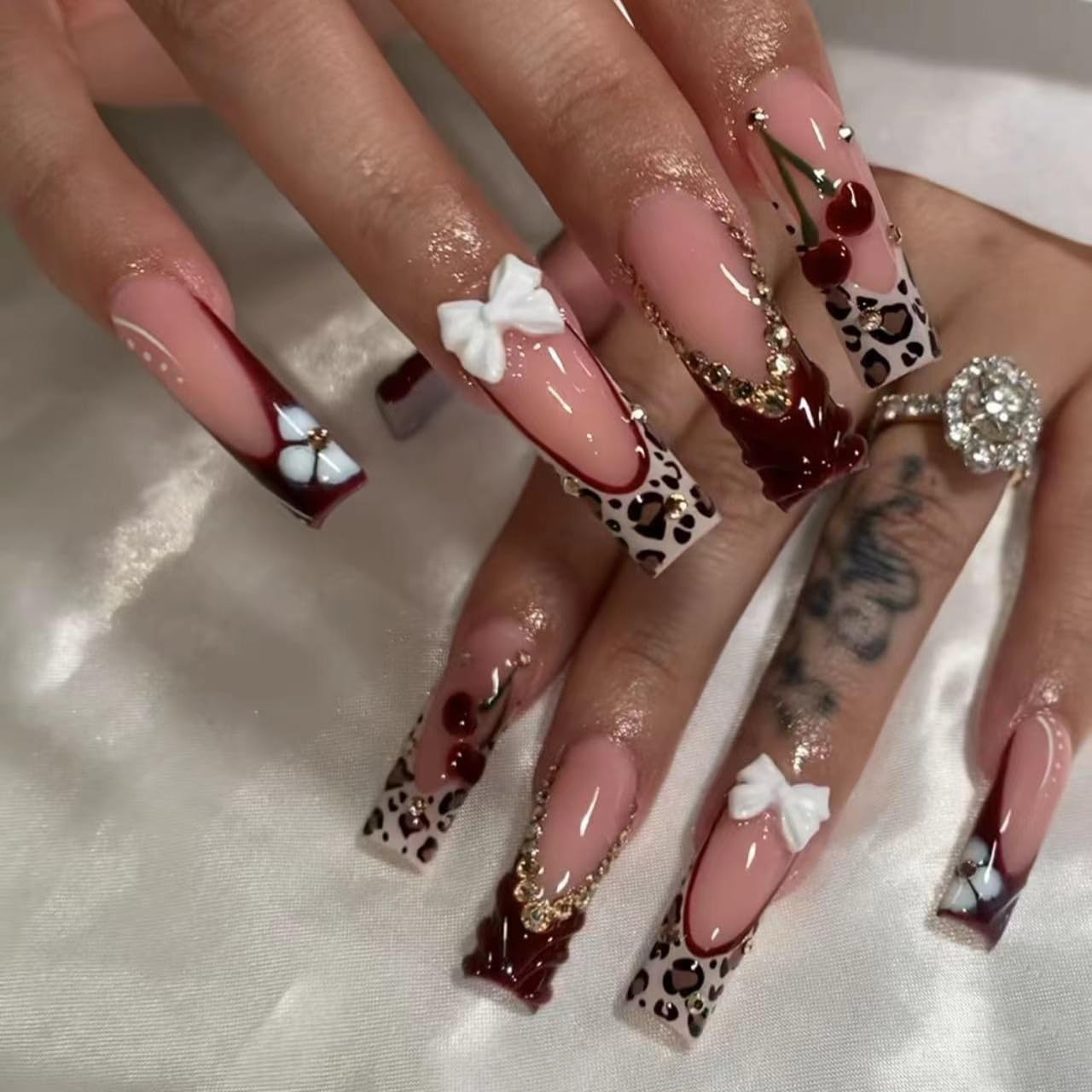 Long Press on Nails Square Fake Nails Brown Artificial Nail White Bow and Red Cherry Designs Rhinestones Stick on Nail for Women 24pcs