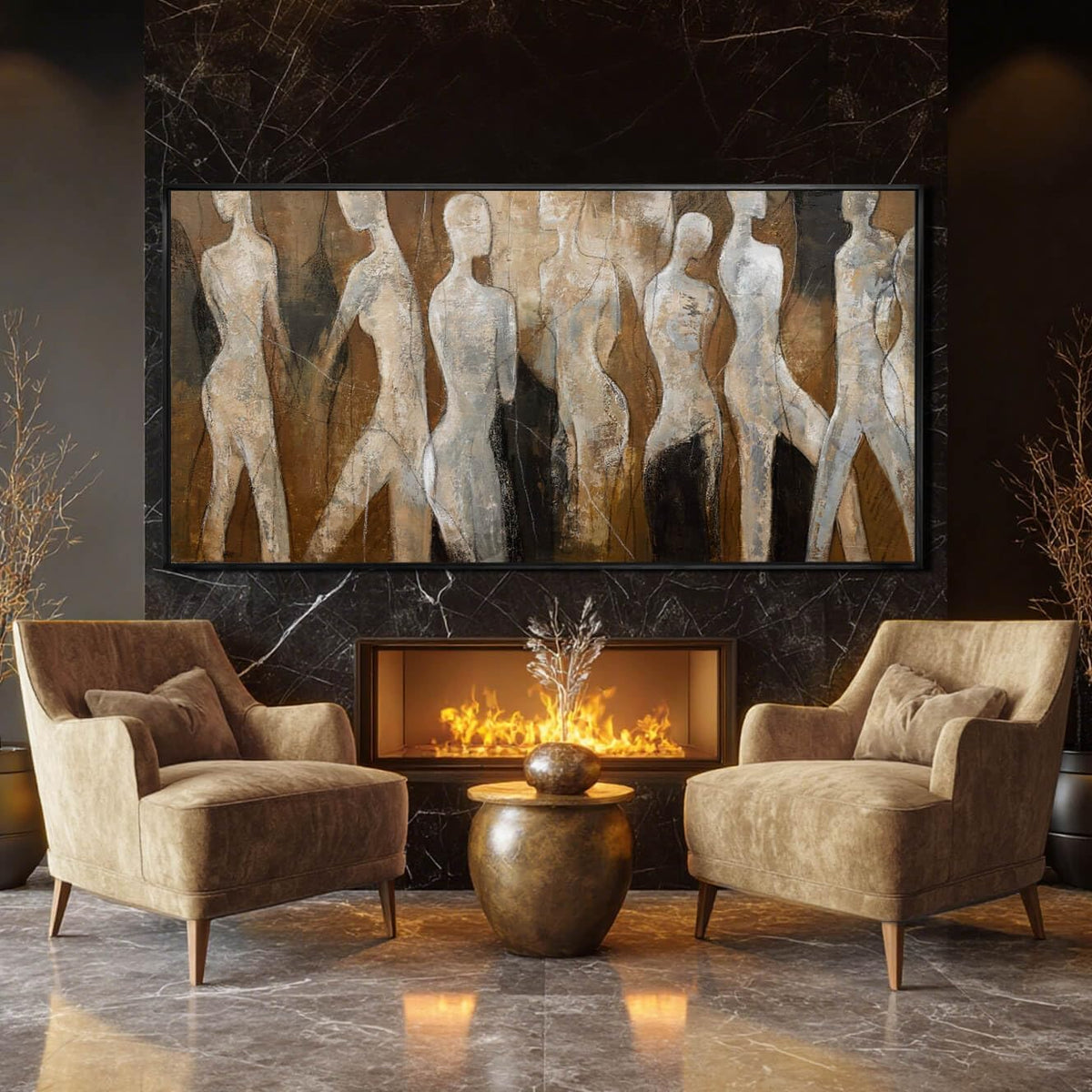 Black Line Wall Decor Brown Canvas Wall Art Figure Wall Decorations 29"x58" Large Pictures for Living Room Artwork for Office