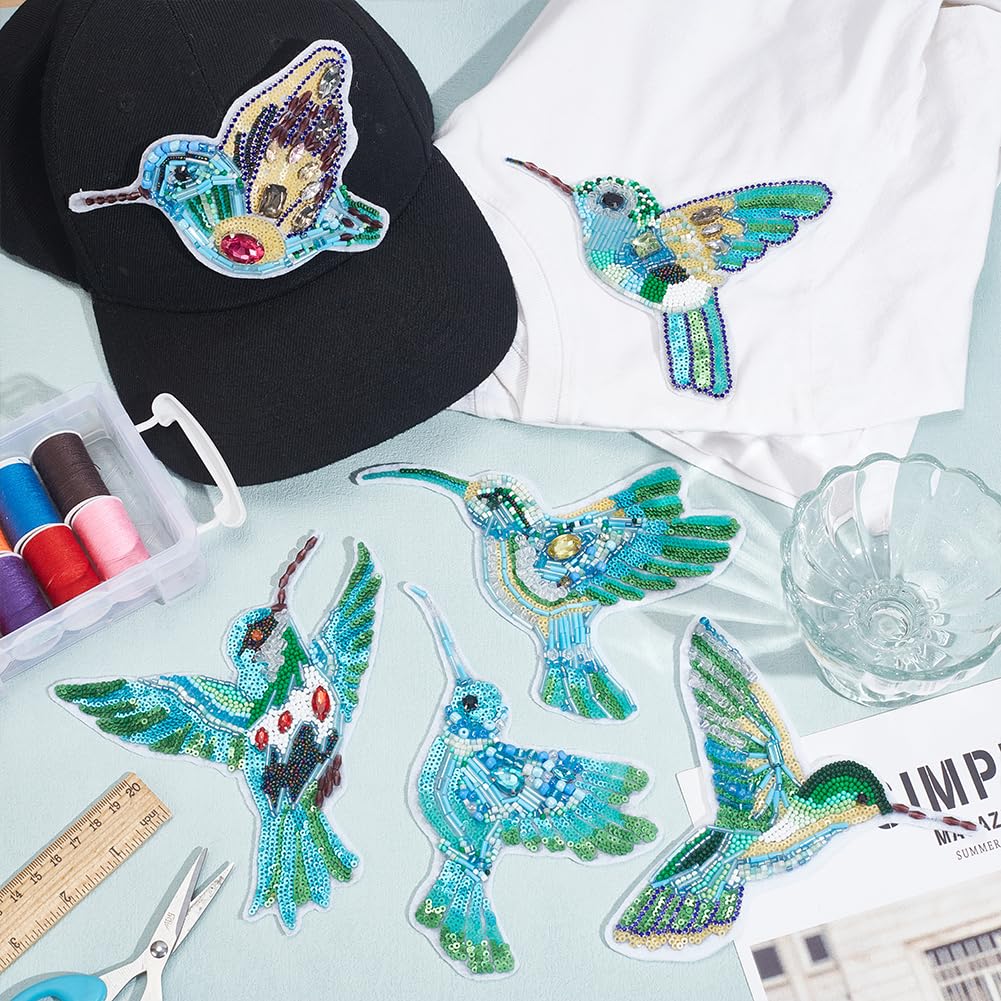 WEBEEDY 6 Sets DIY Hummingbird Rhinestone Beaded Patch Kit Bird Brooch Pin Hair Barrette Making,Sequin Beaded Patches Sew on Crystal Beaded Appliques Patch for Spring Clothes Shoes Sewing Patchworks