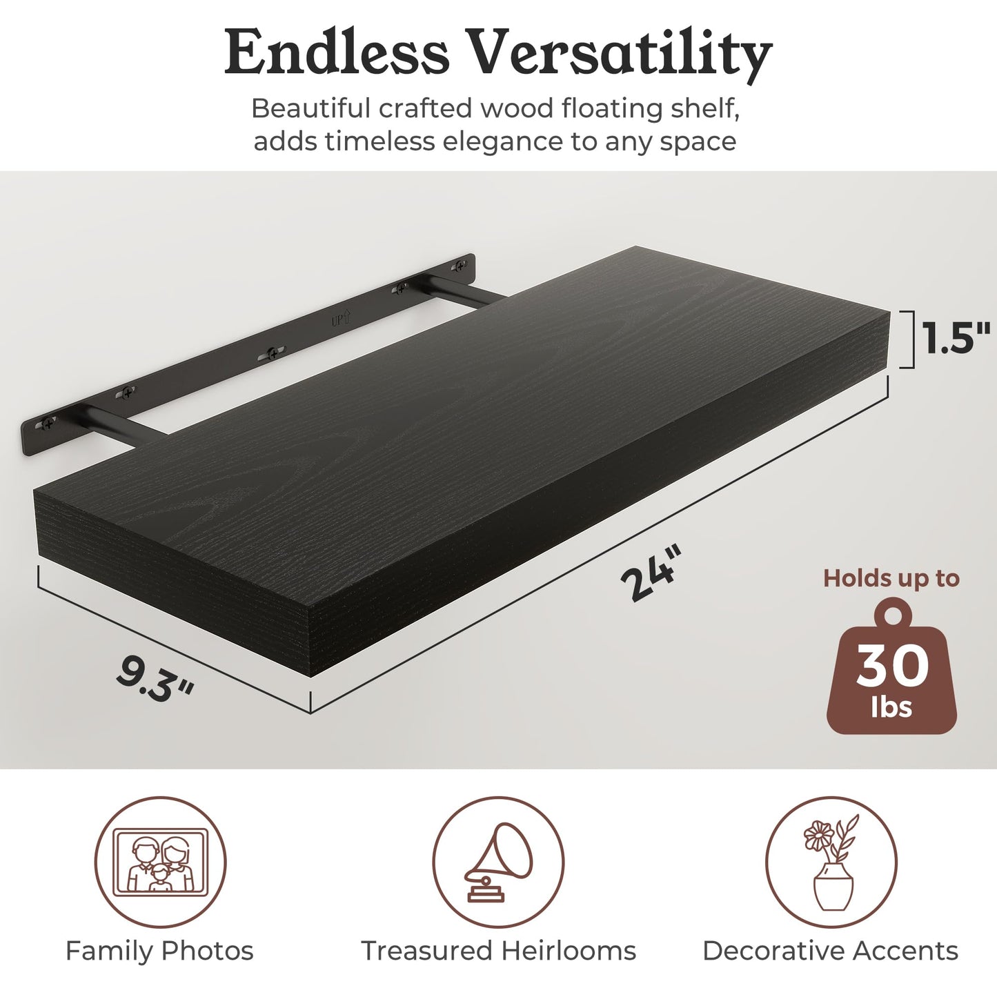 Ornawit Floating Shelves for Wall, 9.3" Deep Wall Mounted Wood Shelves for Bathroom, Bedroom, Living Room, Kitchen, Hanging Shelf for Books/Storage/Room Decor (Black, 24")