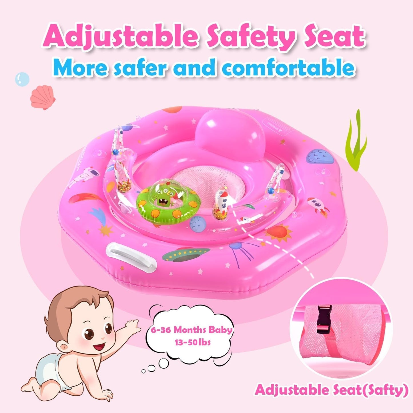 Baby Pool Float with Canopy UPF50+ Sun Protection, Inflatable Infant Pool Float with Adjustable Safety Seat & Toy Play Console，Baby Floatie for 6-36 Months Boys & Girls，Safety Handles & Leashes（Pink）