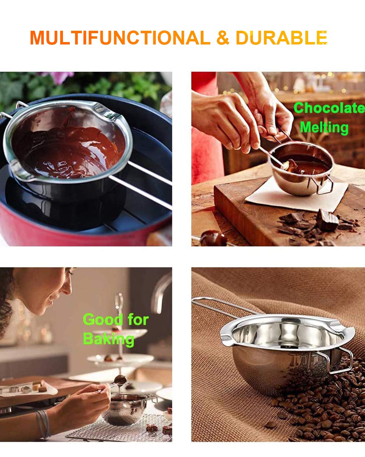Stainless Steel Double Boiler Pot with 600ML for Melting Chocolate, Candy and Candle Making (18/8 Steel, Universal Insert)