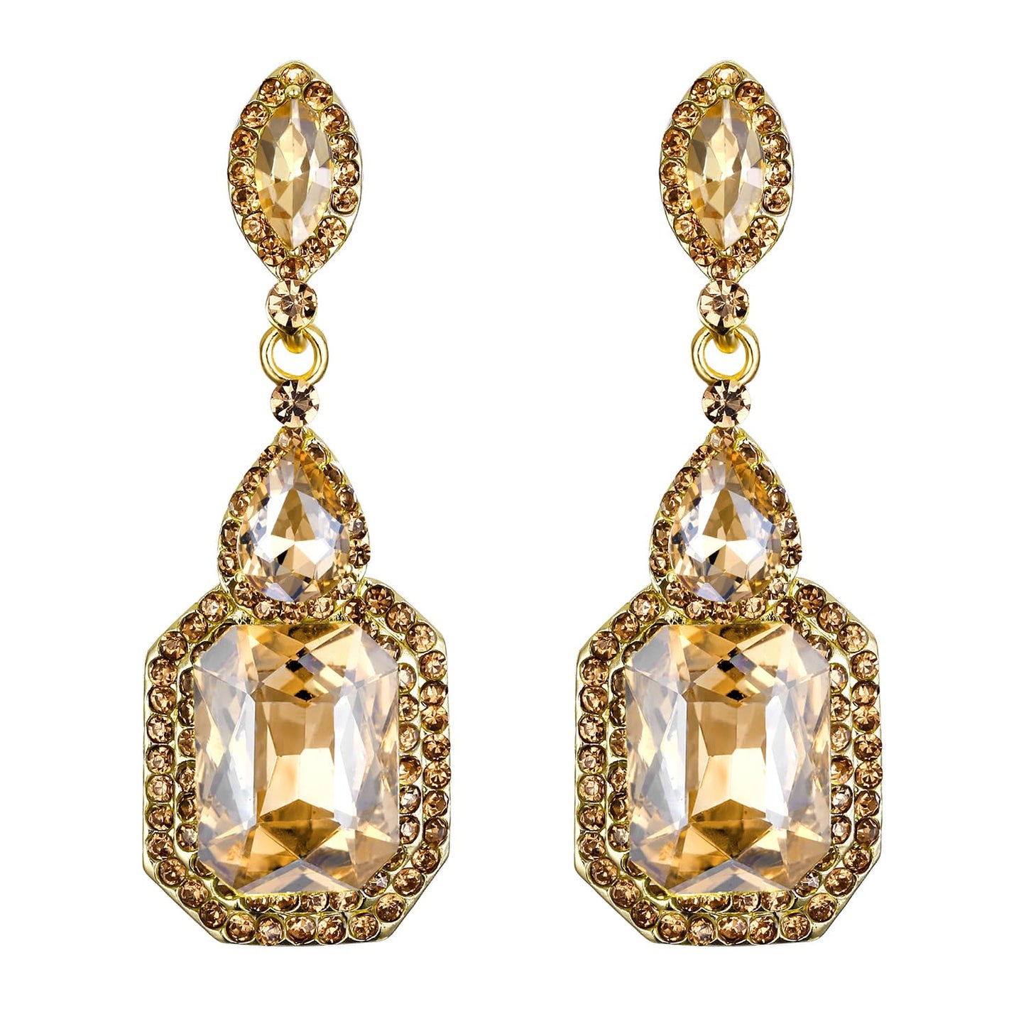 BriLove Large Long Women's Wedding Dangle Earrings Emerald Cut Crystal Infinity Figure 8 Statement Chandelier Earring for Prom Champagne