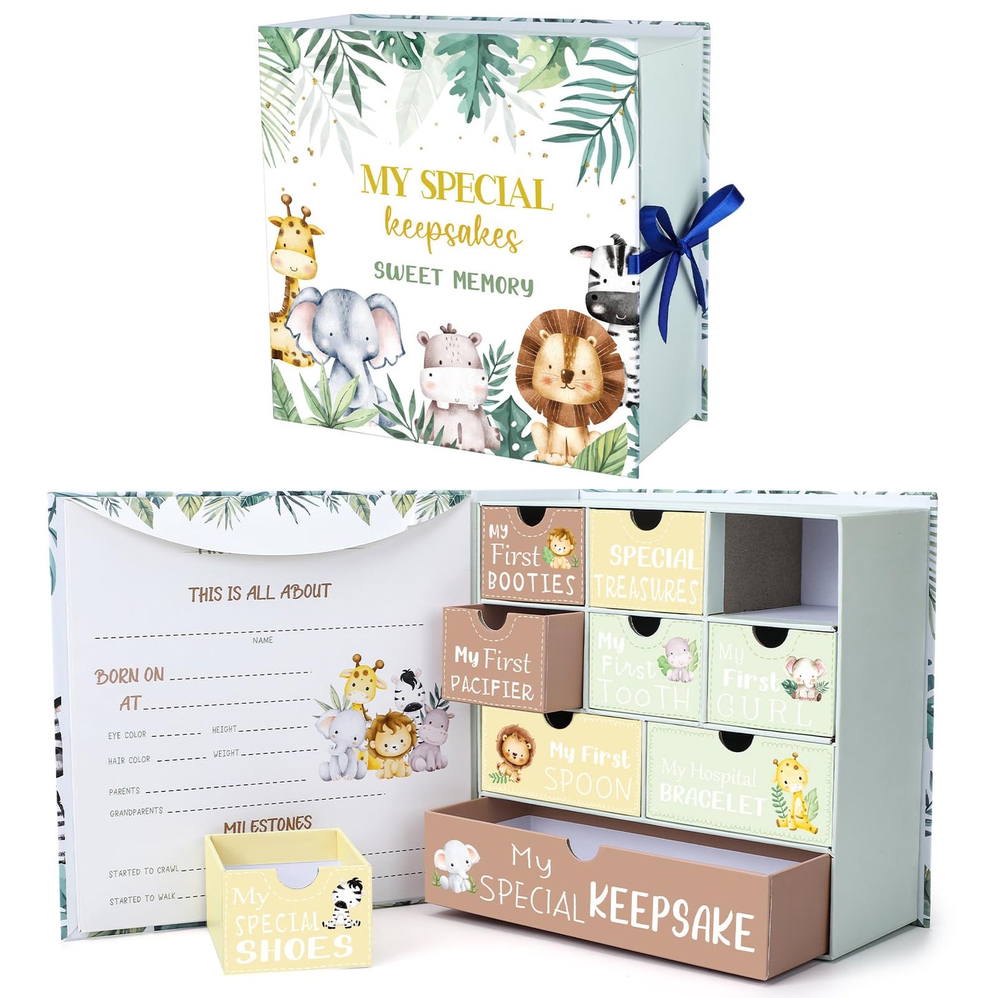 Beeveer Baby Keepsake Box Newborn Memory Organizer with 9 Labeled Compartments First Keepsake Book Gift Box for Pregnancy Mother"s Day Baby Shower New Maternity (Green,Jungle Animal)