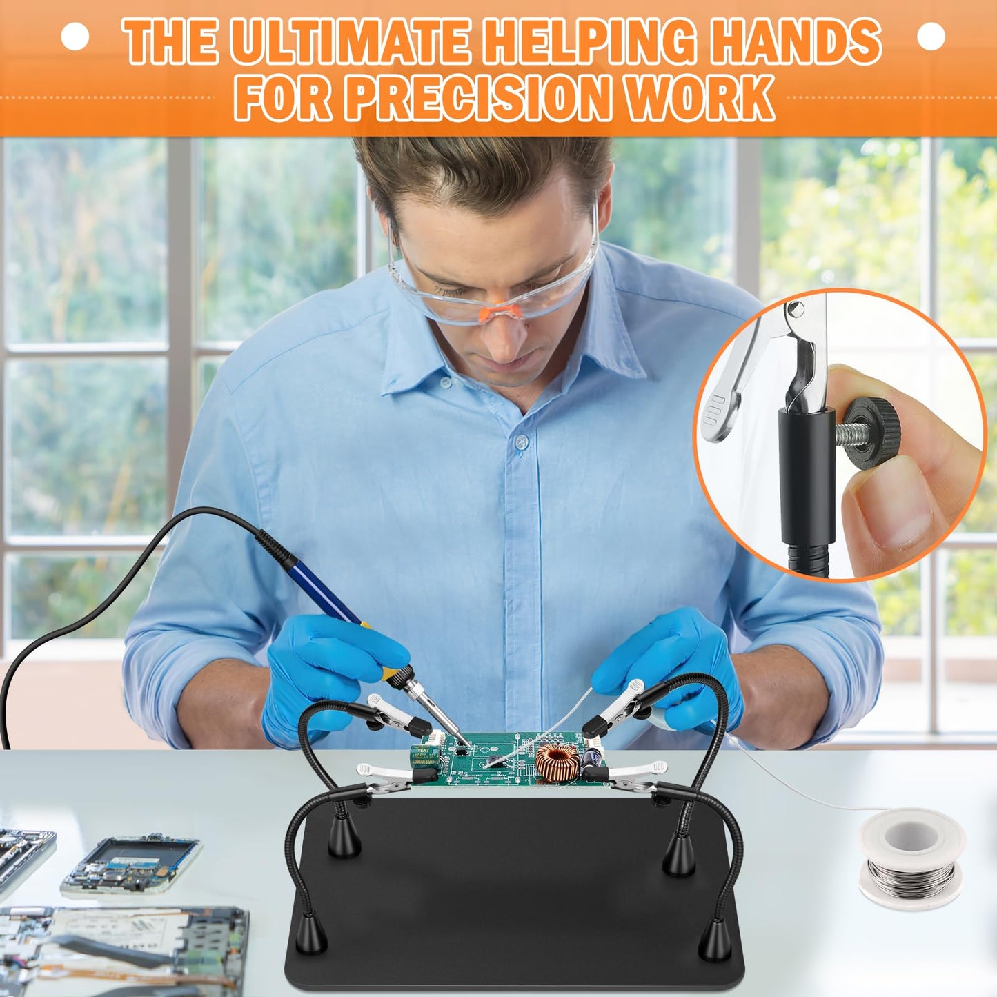 Drdefi Extra Magnetic Helping Hands Soldering Third Hand, Soldering Station with Alligator Clips PCB Circuit Board Holder Tool 4 Gooseneck Arms Non-Slip Base for Electronics Repair Jewelry Hobby