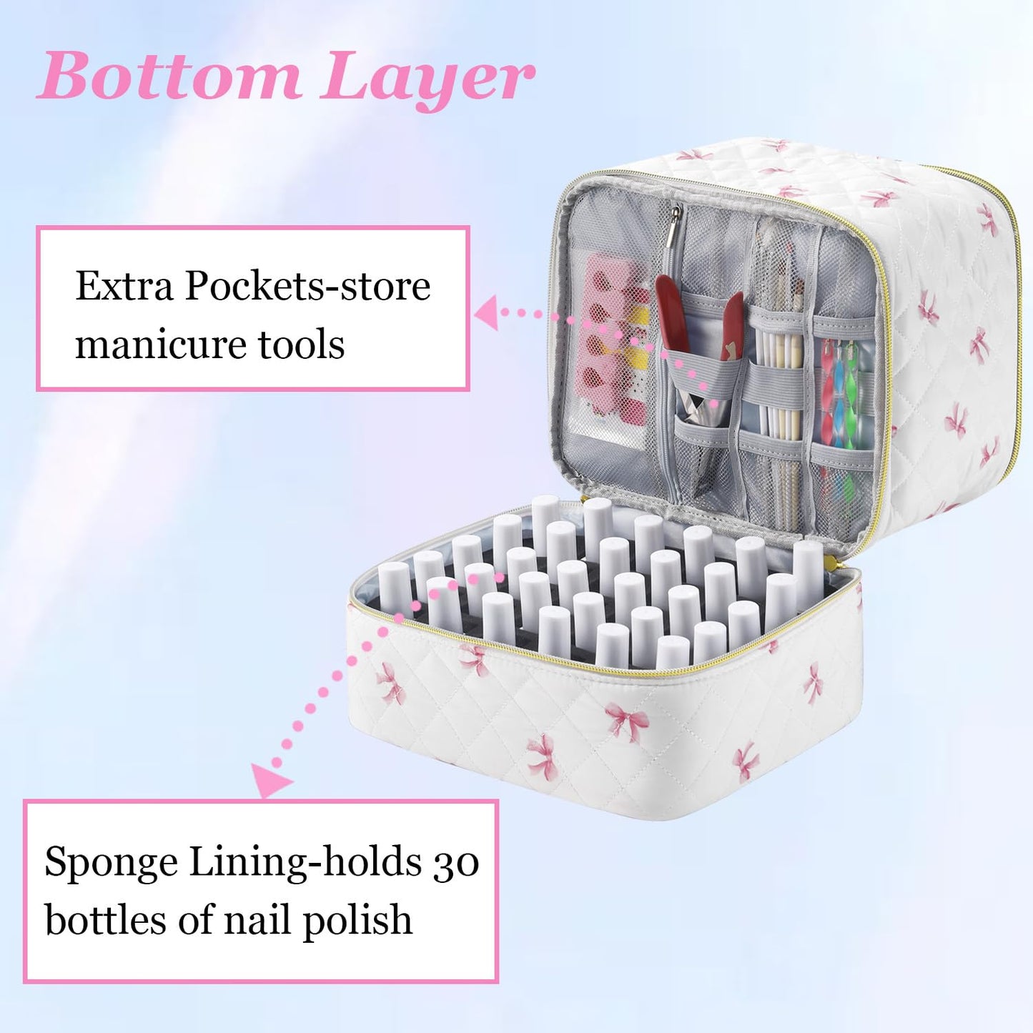 PU Leather Nail Polish Organizer and Nail Lamp Case, Nail Kit Organizer Holds 30+ Bottles (15ml - 0.5 fl.oz) and a Nail Lamp, Nail Polish Carrying Case with Manicure Tools Storage Sections (Pink Bow)