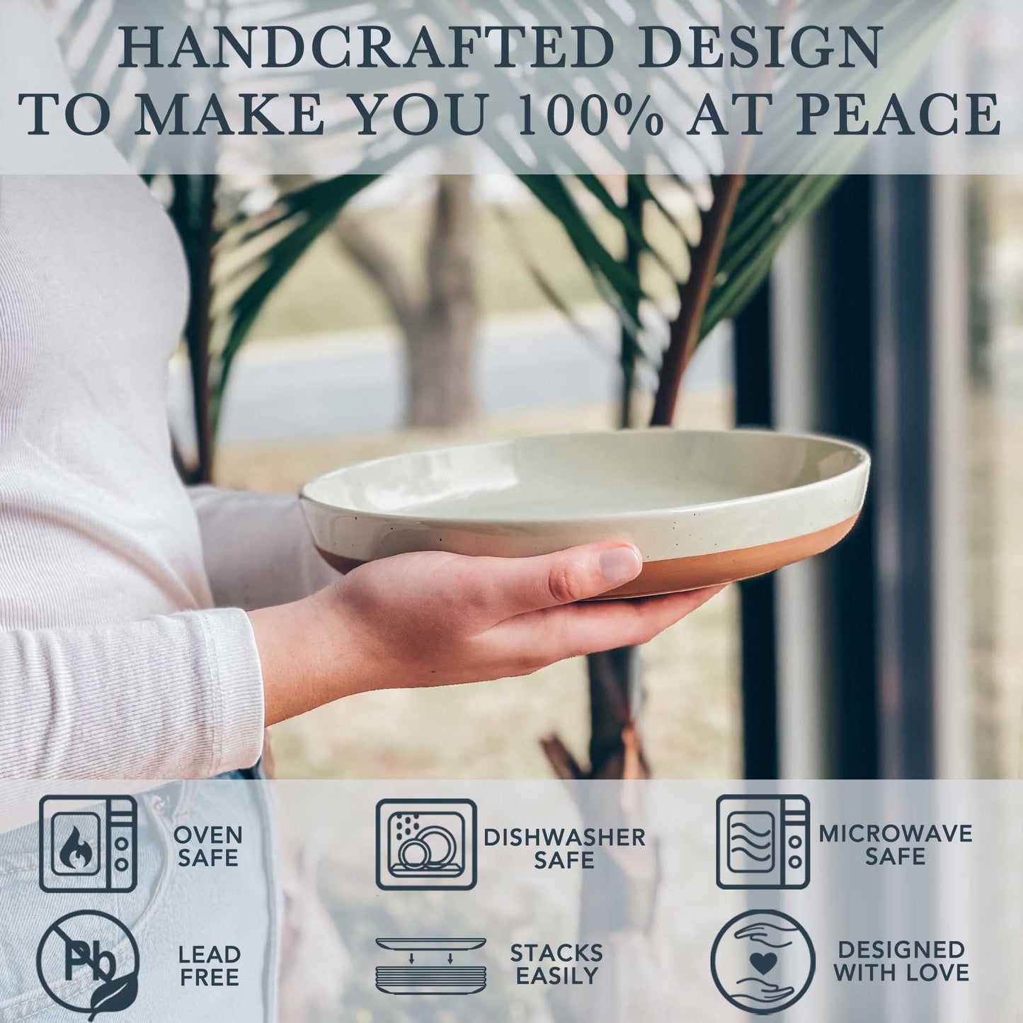 MORA Ceramic Flat Pasta Bowl Set of 4-35oz, Microwave Safe Plate with High Edge - Modern Porcelain Dinnerware for Kitchen and Eating, Large Wide Bowls/Plates for Serving Dinner, Salad, etc- Neutrals