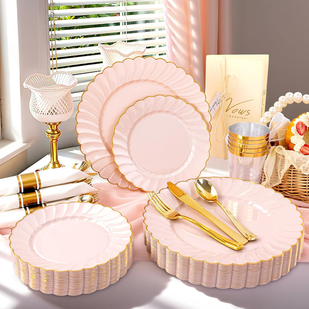 YOUBET 350PCS Pink Scalloped Plastic Plates - Pink and Gold Disposable Dinnerware Set Include 100 Plates, 150 Gold Silverware, 50 Cups, 50 Napkins for Wedding & Party