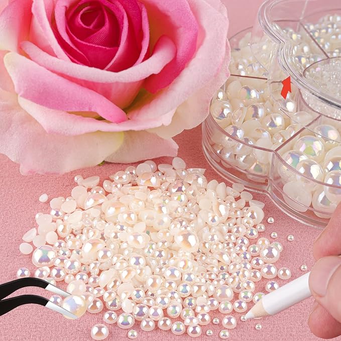 Nail Art Flat Back Half Round Pearl Kits 2, 1 Box of 6000 Pcs Flat-Back Beige AB Pearl with Tweezer and Picker Pencil for Home DIY Nails Body Face Craft and Salon Use