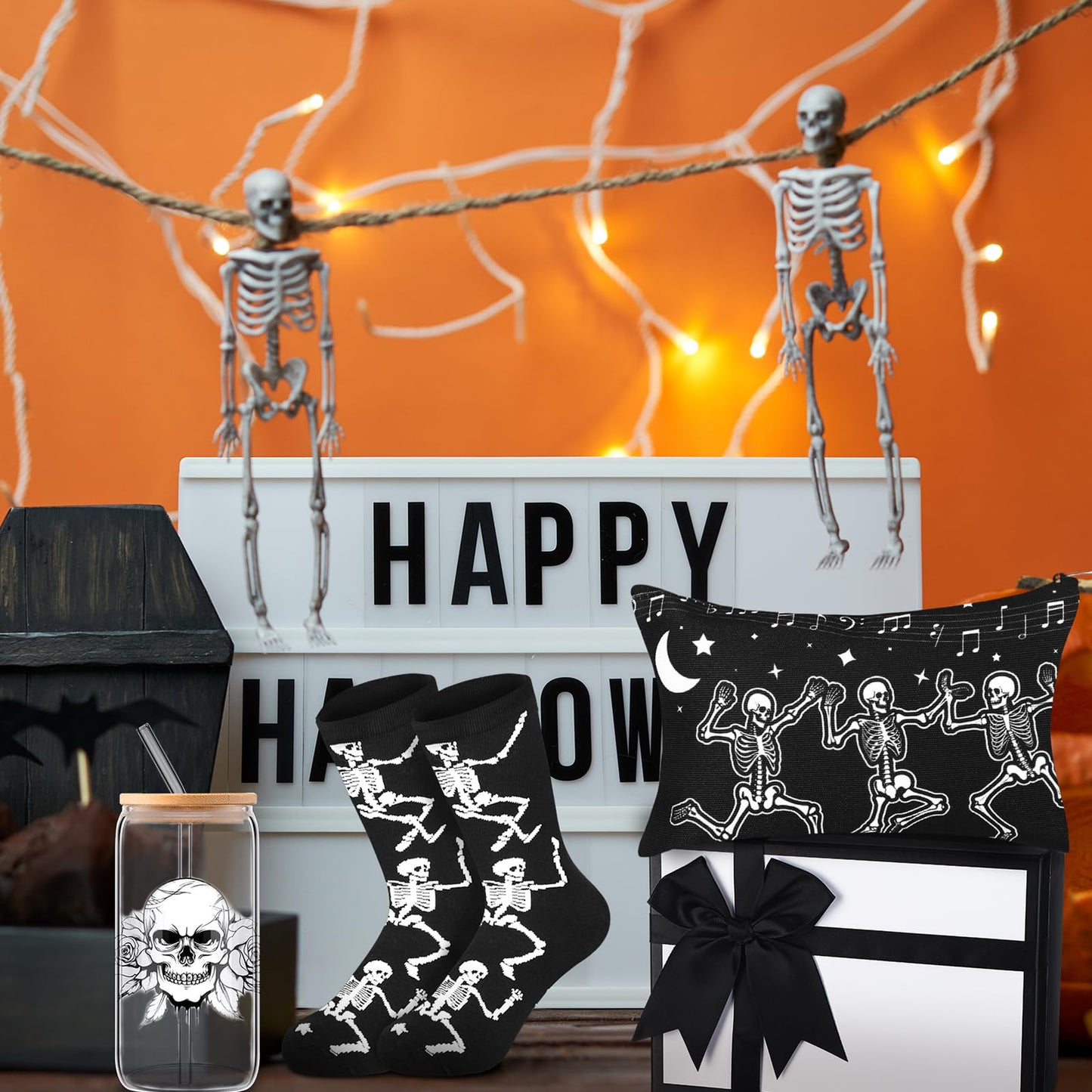 Skylety Goth Dancing Skeleton Gift Box of 4 Include 16oz Goth Glass Cup Gothic Stuff Spooky Sock Makeup Bag Spooky Gift Baskets for Xmas Holiday Women Gothic Lovers Stuff