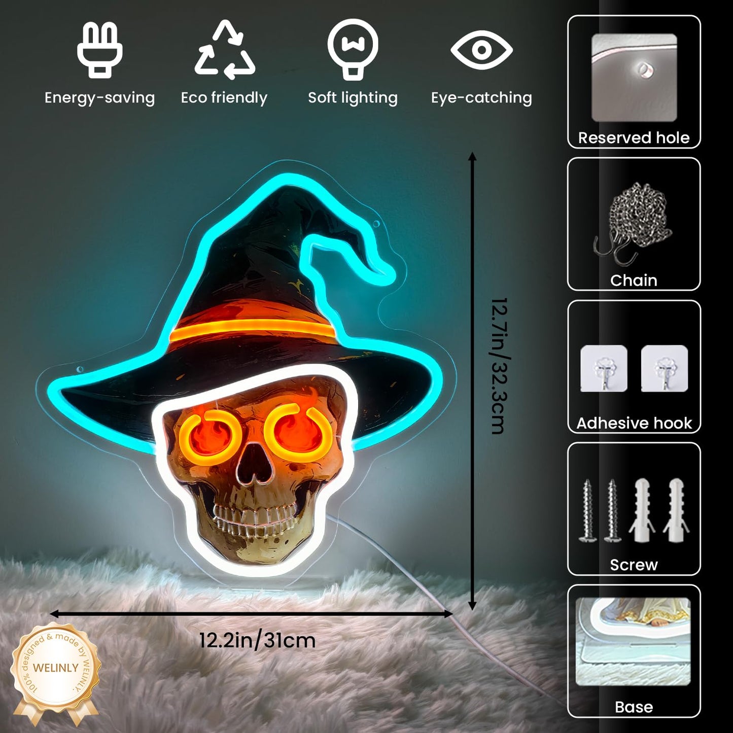 LED Halloween Skull Neon Sign Light Up Skull Wizard's Hat Lights Lighted Horror Neon Signs with Base for Bedroom Dorm Hallway Garage Man Cave Bar Gaming Room Wall Decor Desktop Counter Art or Gifts